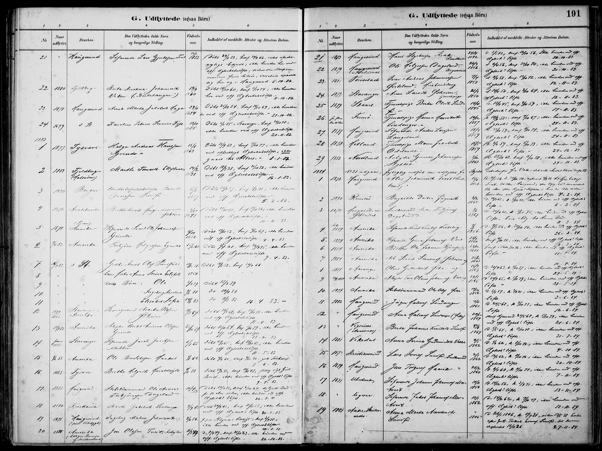 Skjold sokneprestkontor, SAST/A-101847/H/Ha/Haa/L0010: Parish register (official) no. A 10, 1882-1897, p. 191