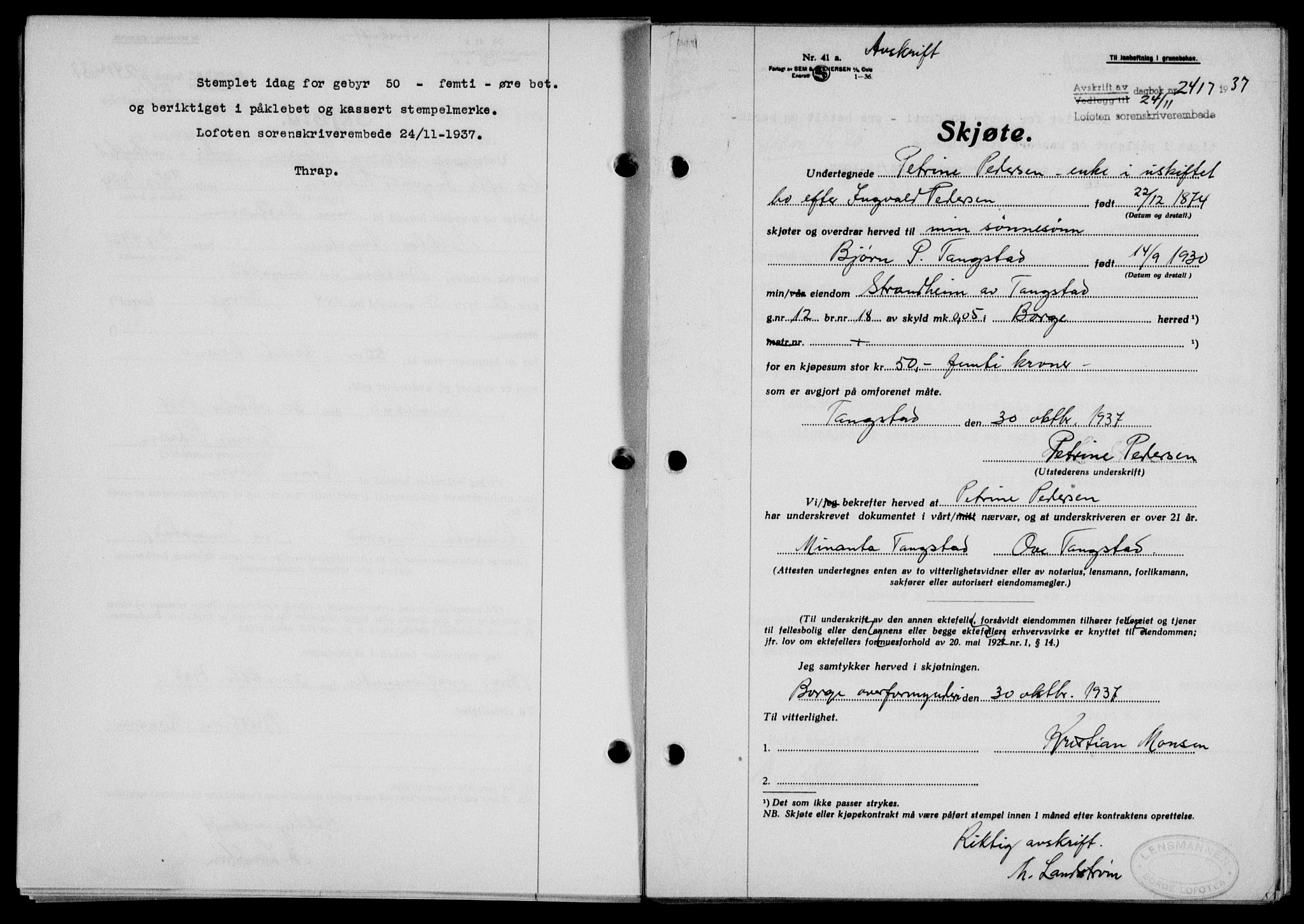Lofoten sorenskriveri, SAT/A-0017/1/2/2C/L0003a: Mortgage book no. 3a, 1937-1938, Diary no: : 2417/1937