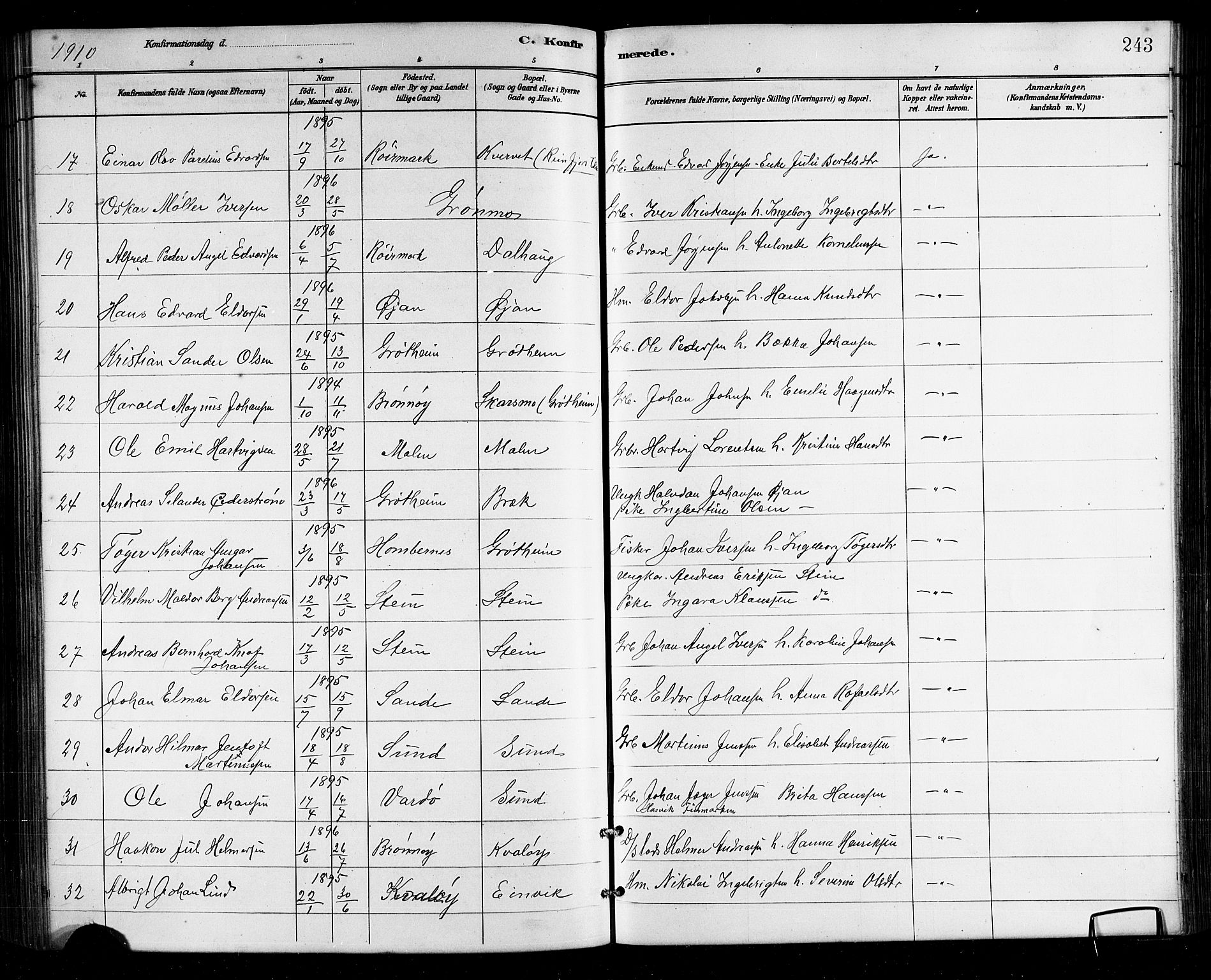 Ministerialprotokoller, klokkerbøker og fødselsregistre - Nordland, SAT/A-1459/812/L0188: Parish register (copy) no. 812C06, 1884-1912, p. 243
