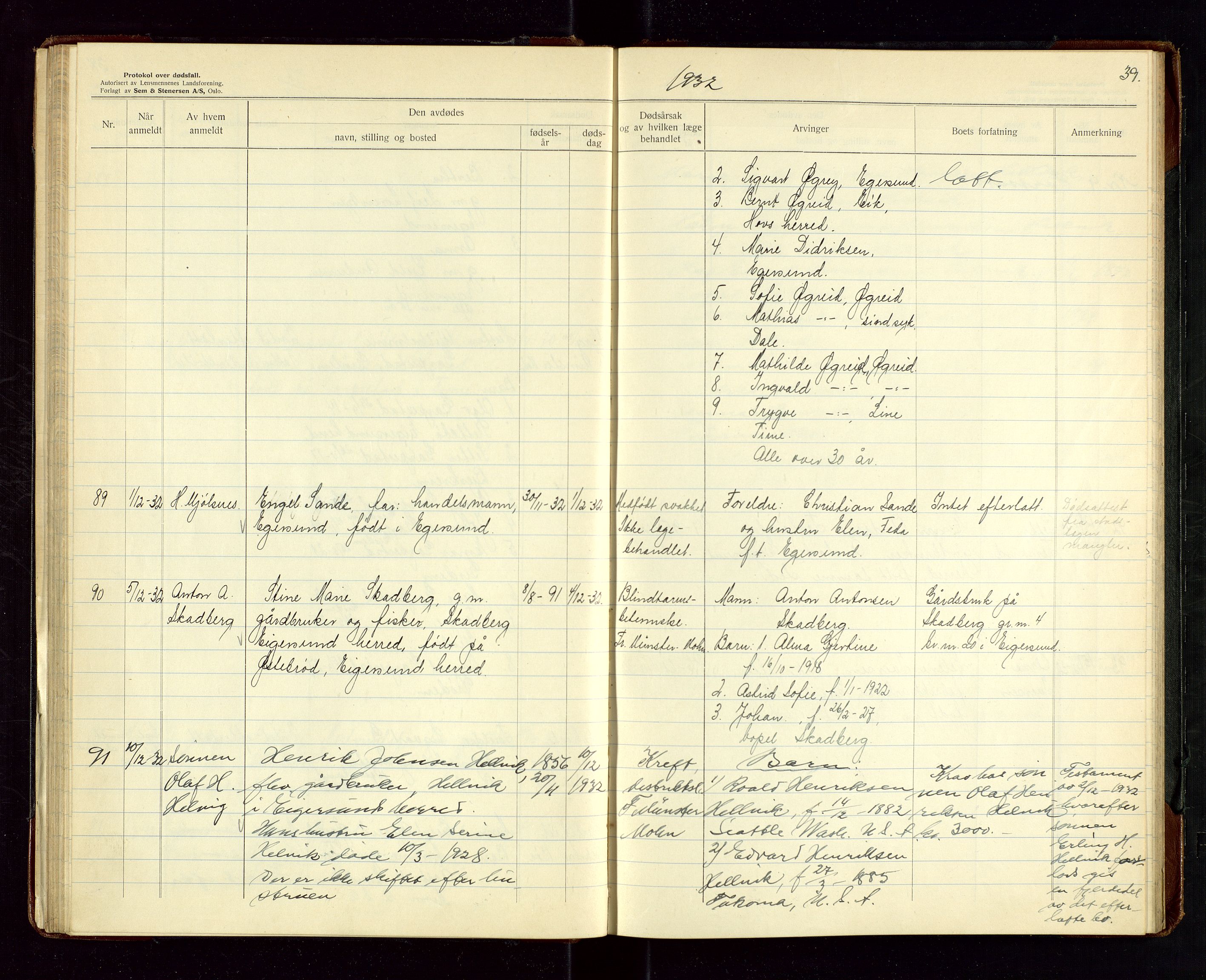 Eigersund lensmannskontor, AV/SAST-A-100171/Gga/L0012: "Protokoll over anmeldte dødsfall" m/alfabetisk navneregister, 1931-1934, p. 39