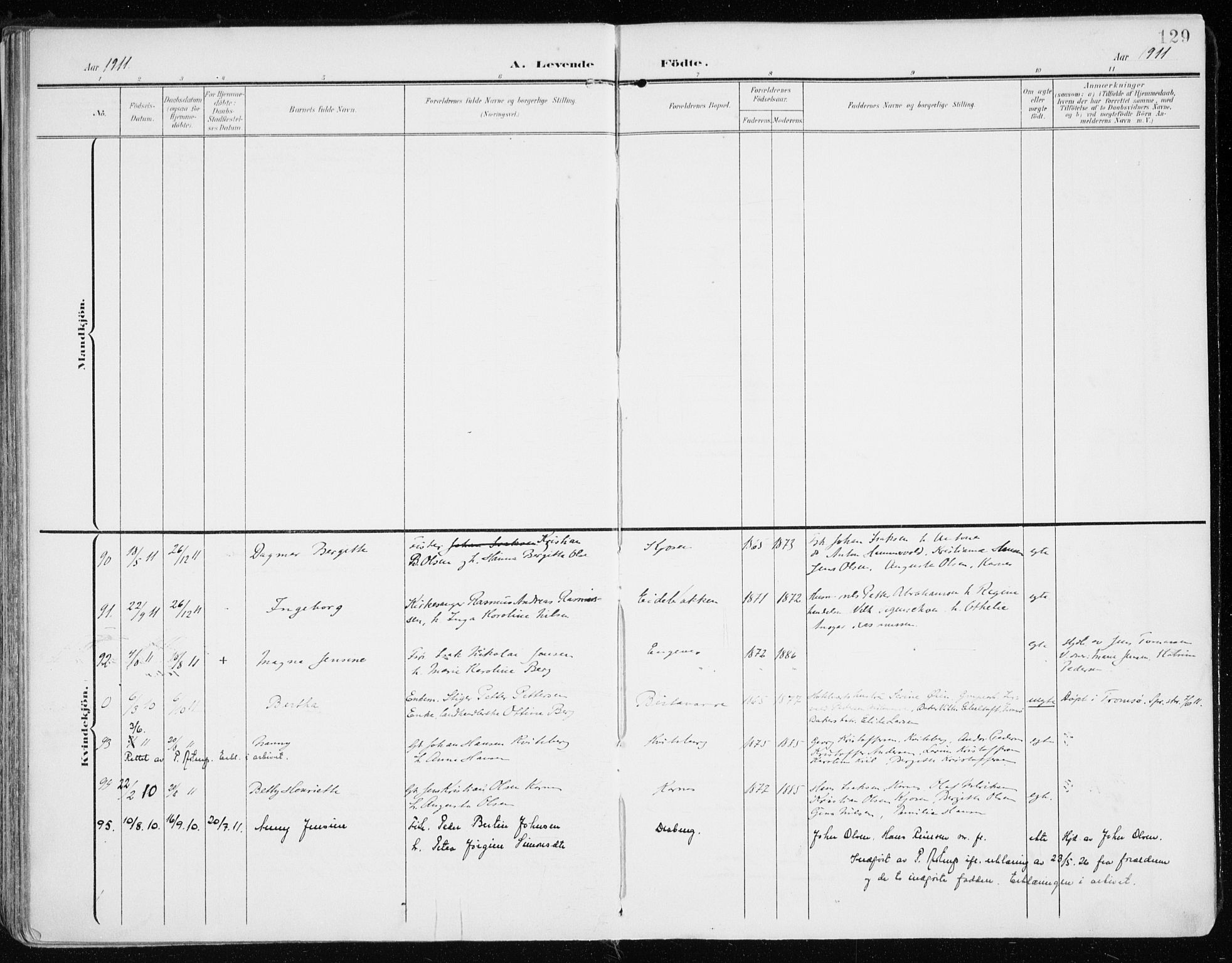 Lyngen sokneprestembete, AV/SATØ-S-1289/H/He/Hea/L0011kirke: Parish register (official) no. 11, 1903-1913, p. 129