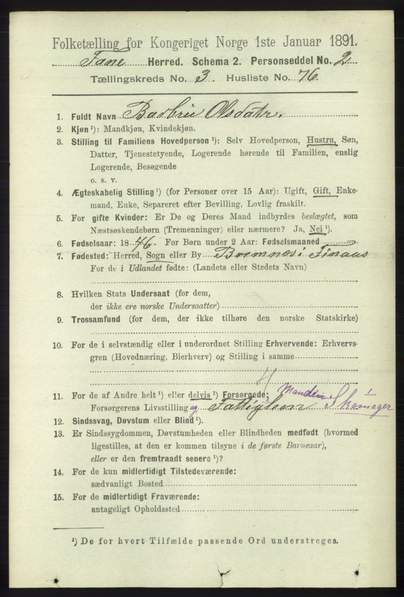 RA, 1891 census for 1249 Fana, 1891, p. 1518