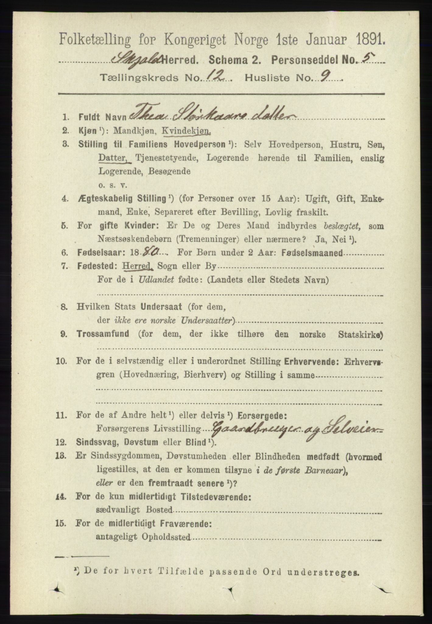 RA, 1891 census for 1154 Skjold, 1891, p. 2292