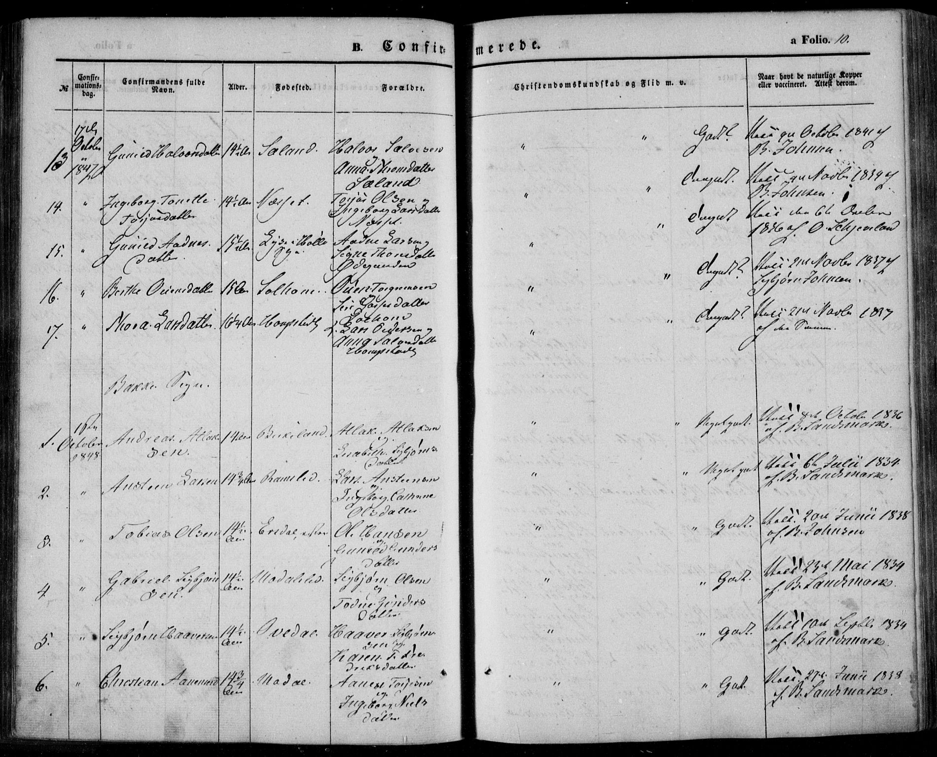 Bakke sokneprestkontor, AV/SAK-1111-0002/F/Fa/Faa/L0005: Parish register (official) no. A 5, 1847-1855, p. 10