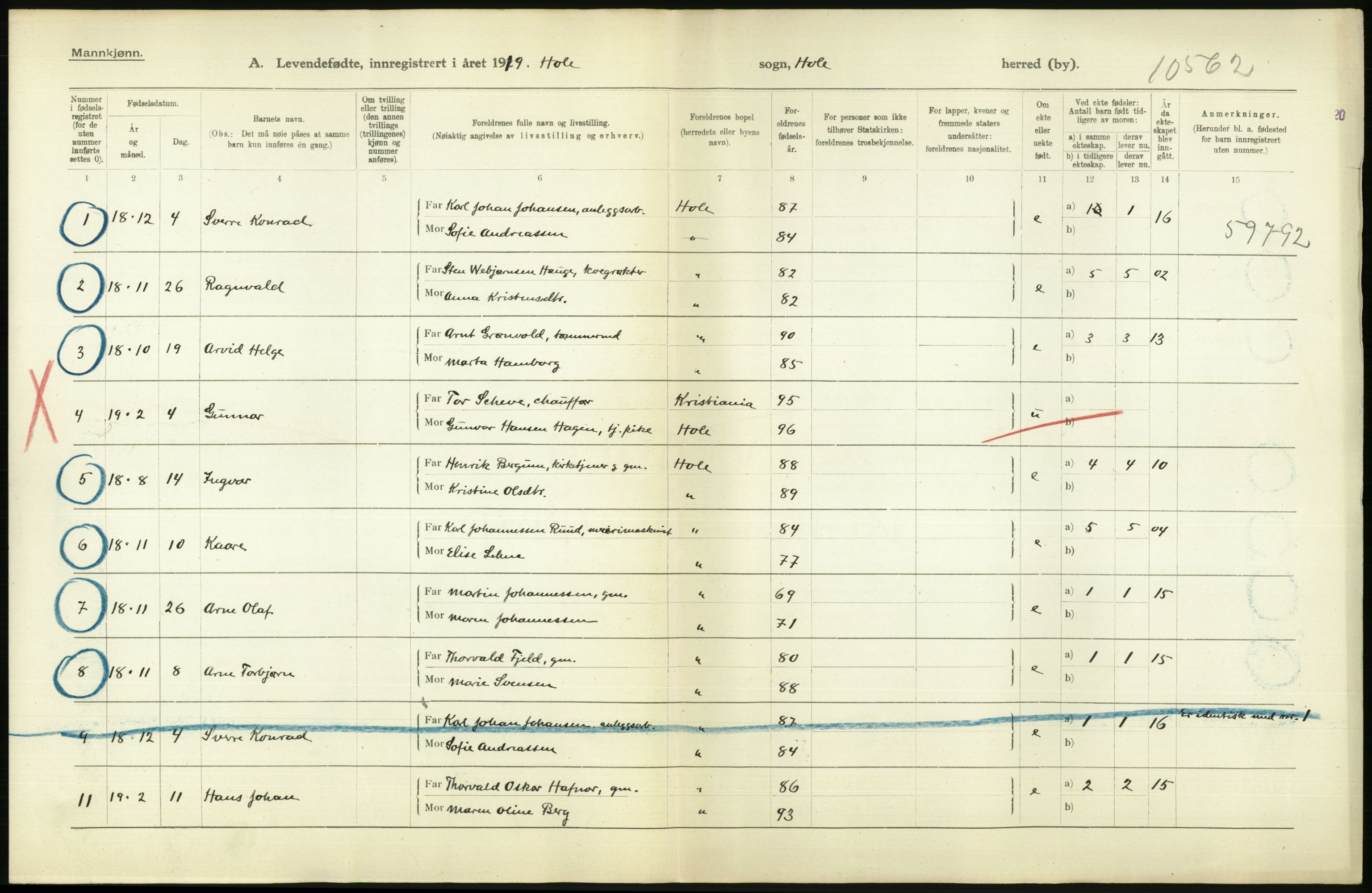 Statistisk sentralbyrå, Sosiodemografiske emner, Befolkning, RA/S-2228/D/Df/Dfb/Dfbi/L0016: Buskerud fylke: Levendefødte menn og kvinner. Bygder., 1919, p. 552