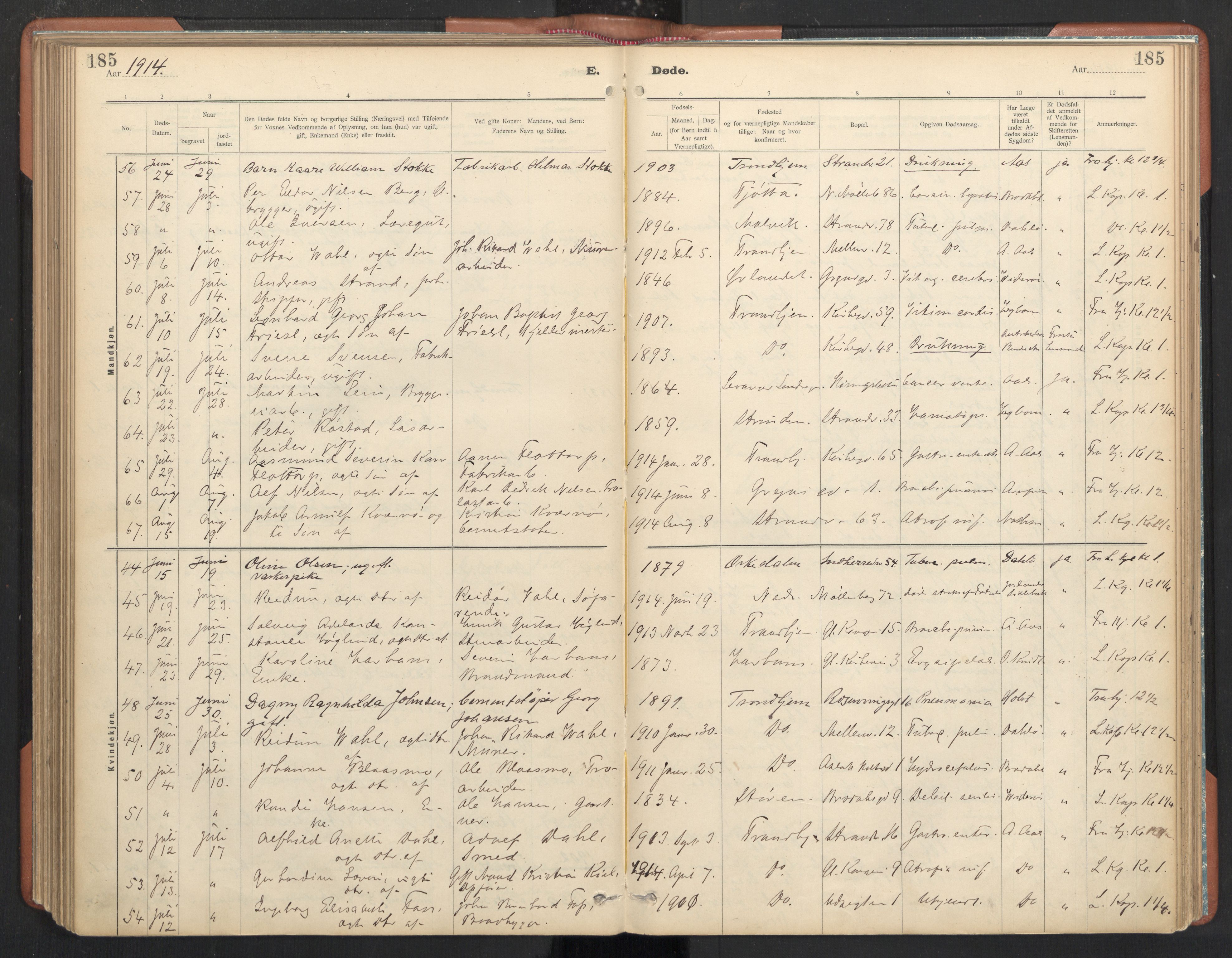 Ministerialprotokoller, klokkerbøker og fødselsregistre - Sør-Trøndelag, AV/SAT-A-1456/605/L0244: Parish register (official) no. 605A06, 1908-1954, p. 185