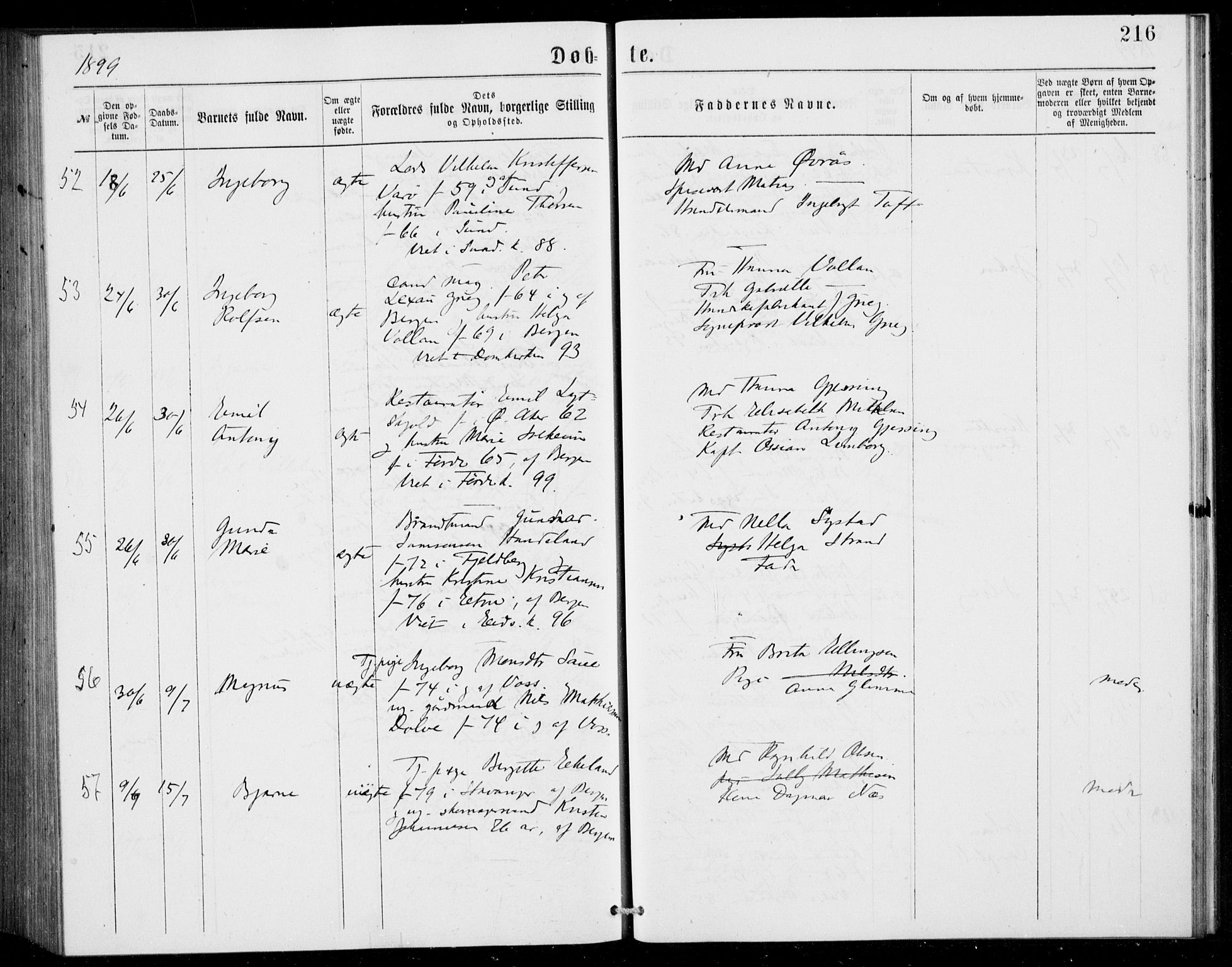Fødselsstiftelsens sokneprestembete, ført av overlegen*, SAB/-: Parish register (official) no. A 2, 1884-1900, p. 216