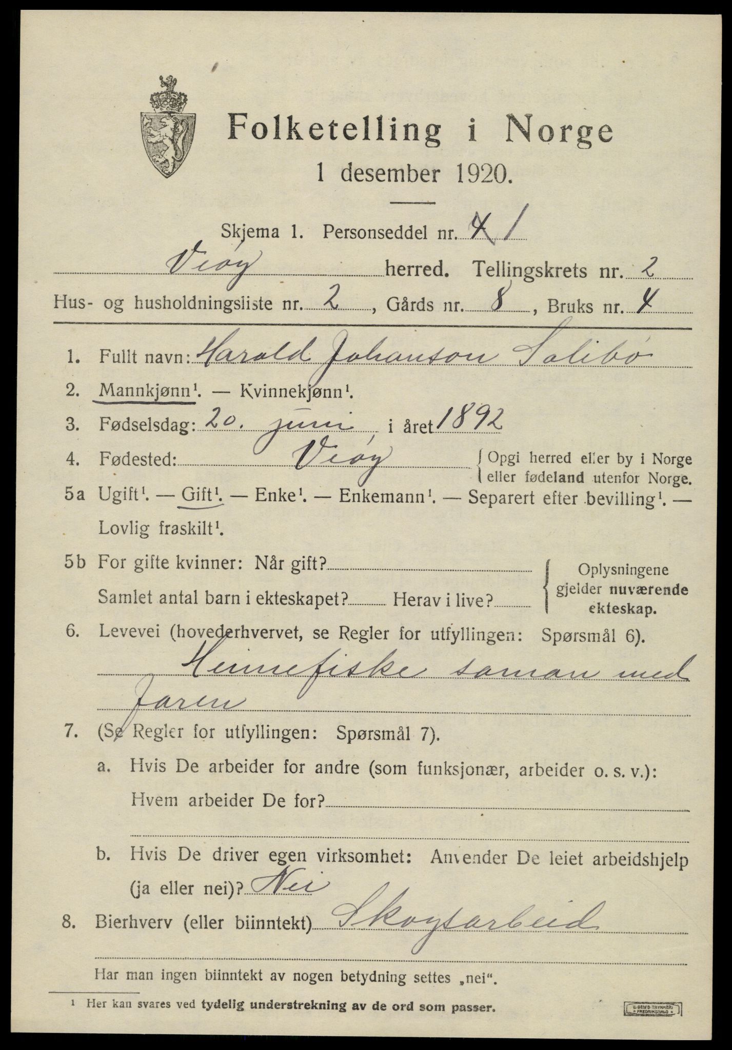 SAT, 1920 census for Veøy, 1920, p. 1263