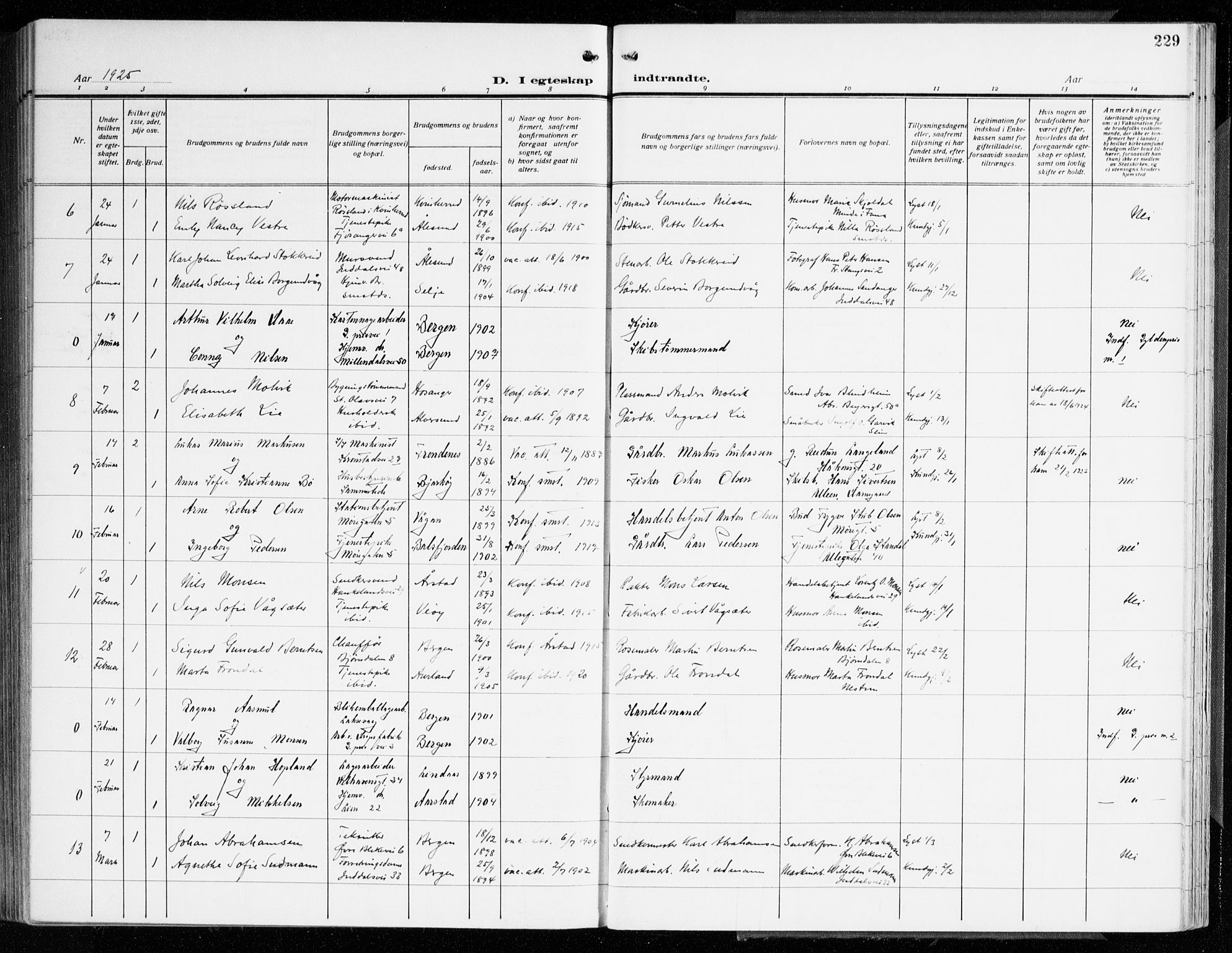 Årstad Sokneprestembete, AV/SAB-A-79301/H/Haa/L0004: Parish register (official) no. A 4, 1919-1928, p. 229