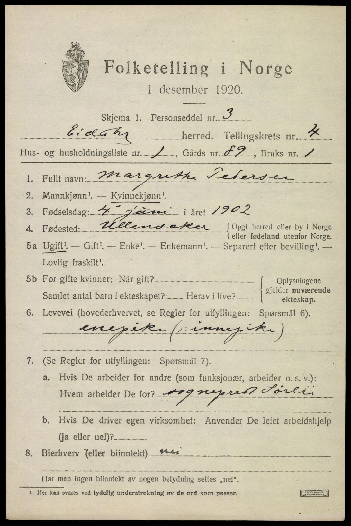 SAO, 1920 census for Eidsberg, 1920, p. 5729