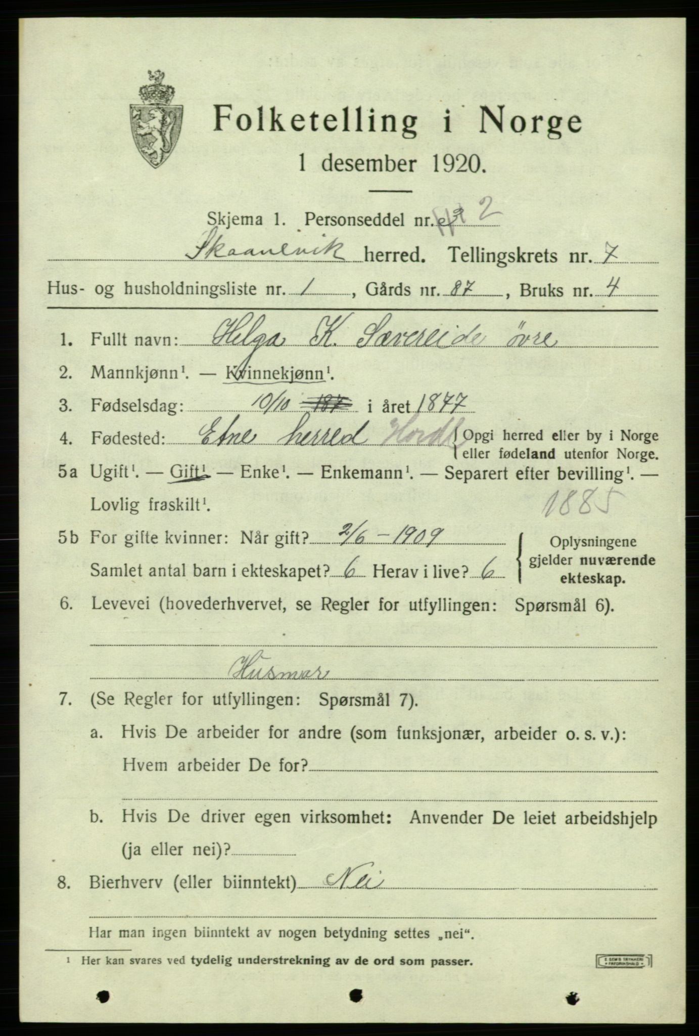 SAB, 1920 census for Skånevik, 1920, p. 4359