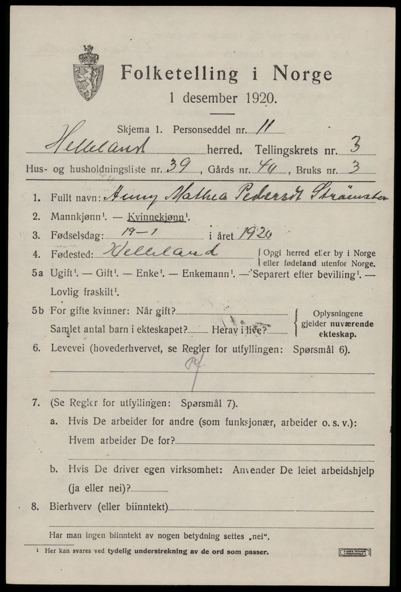 SAST, 1920 census for Helleland, 1920, p. 2207