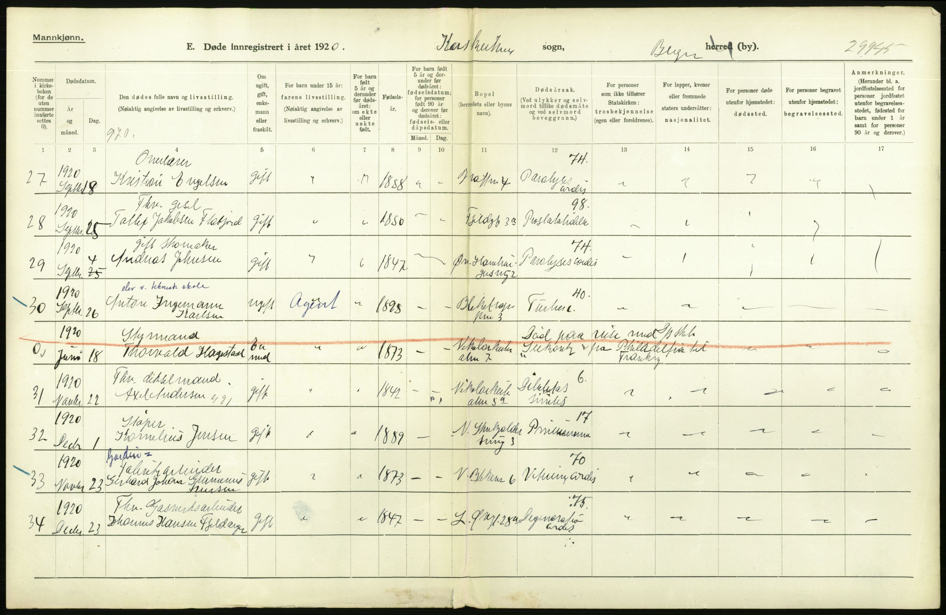 Statistisk sentralbyrå, Sosiodemografiske emner, Befolkning, AV/RA-S-2228/D/Df/Dfb/Dfbj/L0042: Bergen: Gifte, døde, dødfødte., 1920, p. 616