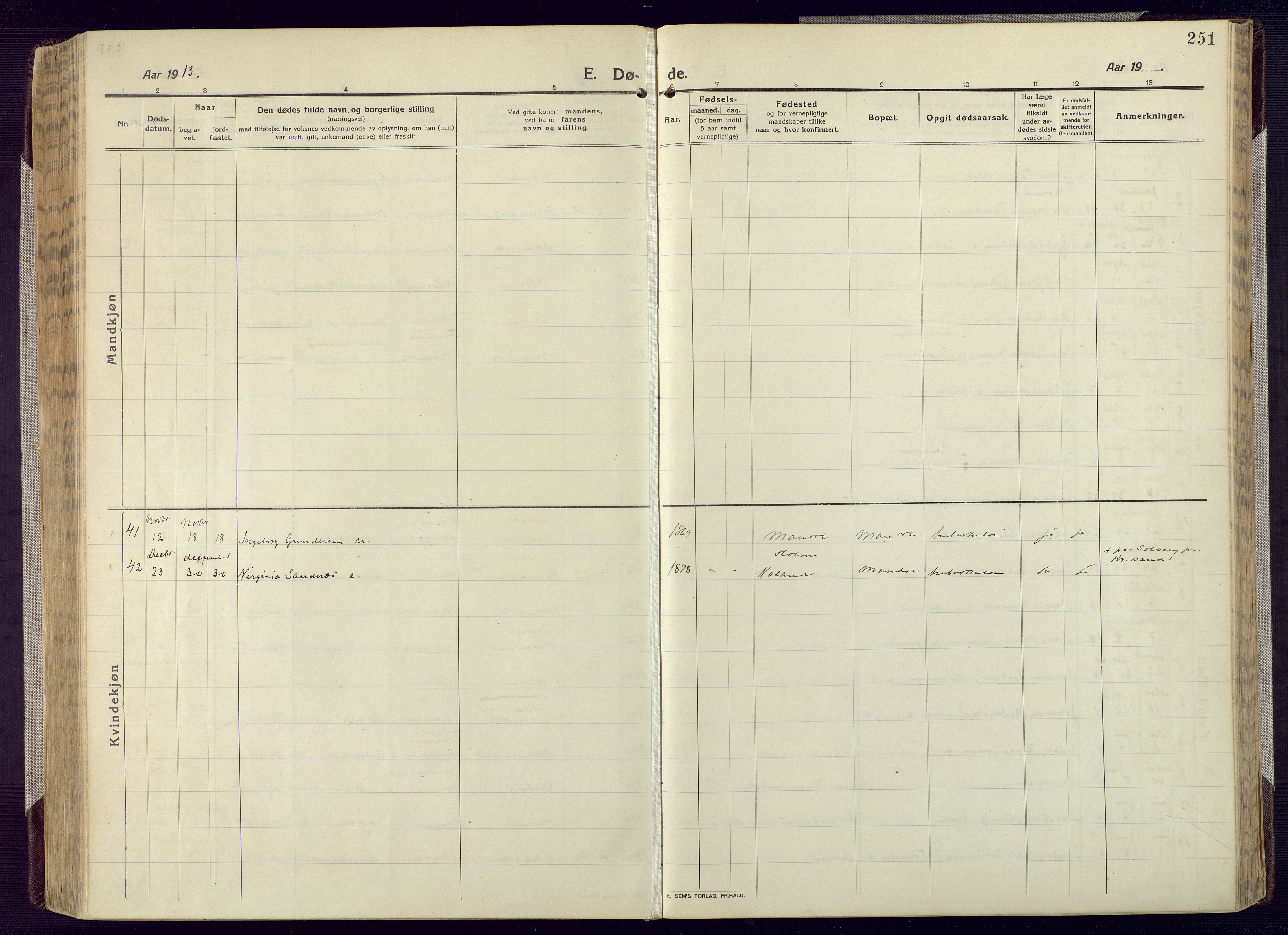 Mandal sokneprestkontor, AV/SAK-1111-0030/F/Fa/Fac/L0001: Parish register (official) no. A 1, 1913-1925, p. 251