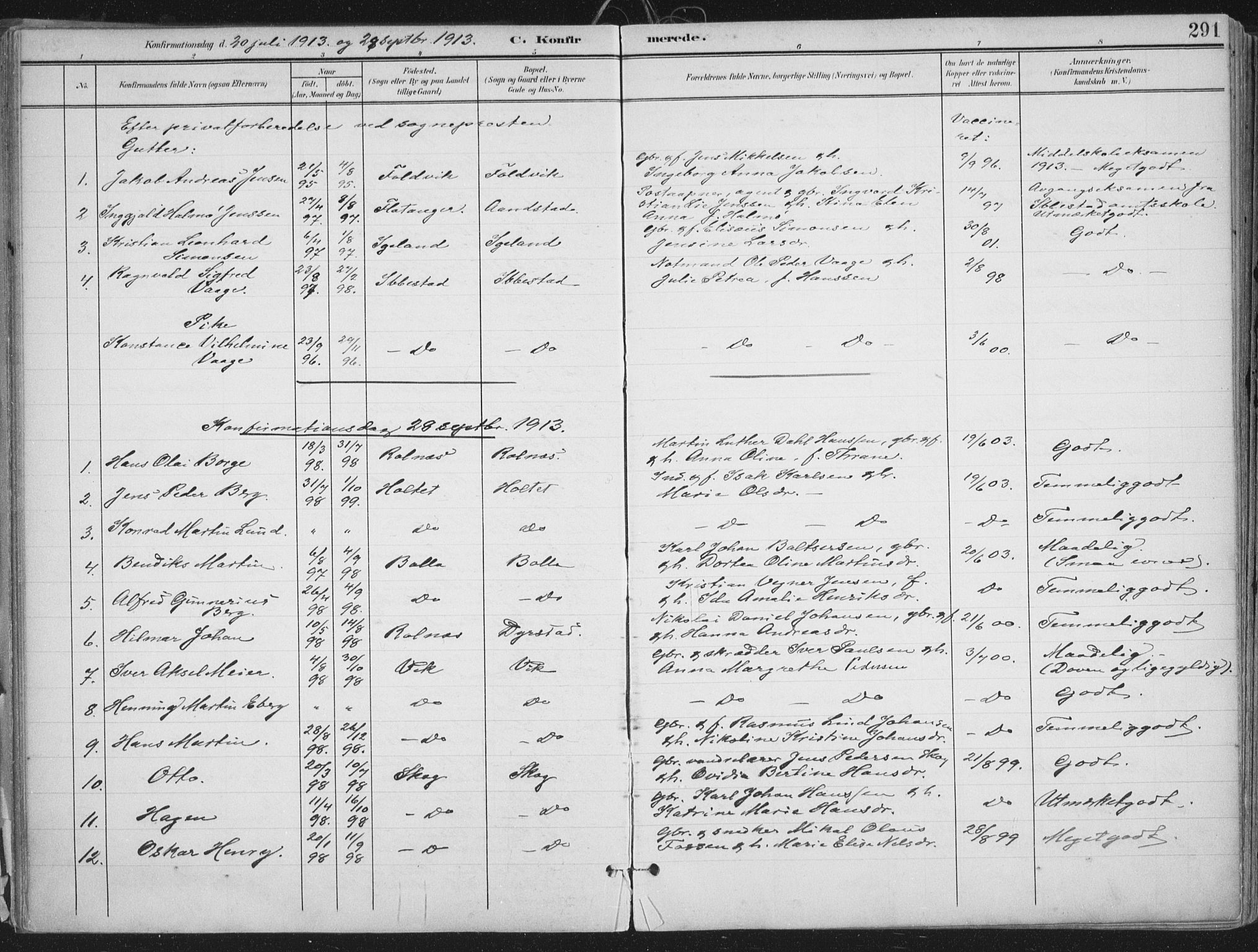 Ibestad sokneprestembete, AV/SATØ-S-0077/H/Ha/Haa/L0017kirke: Parish register (official) no. 17, 1901-1914, p. 291