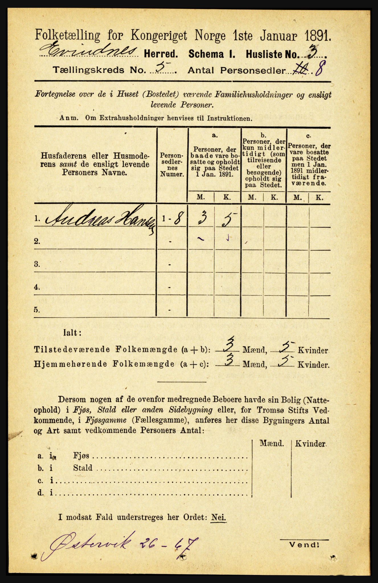 RA, 1891 census for 1853 Evenes, 1891, p. 1585