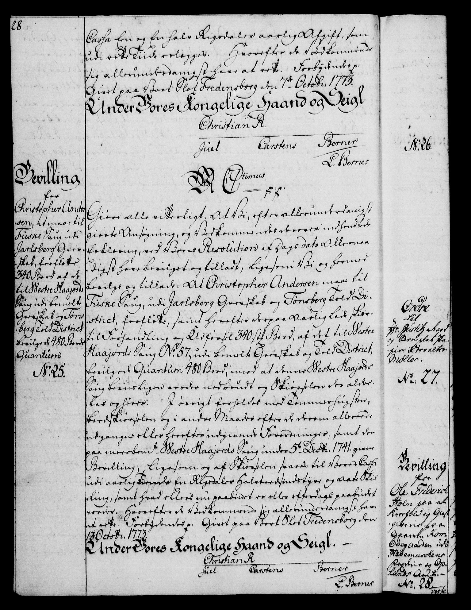 Rentekammeret, Kammerkanselliet, AV/RA-EA-3111/G/Gg/Gga/L0010: Norsk ekspedisjonsprotokoll med register (merket RK 53.10), 1773-1778, p. 28