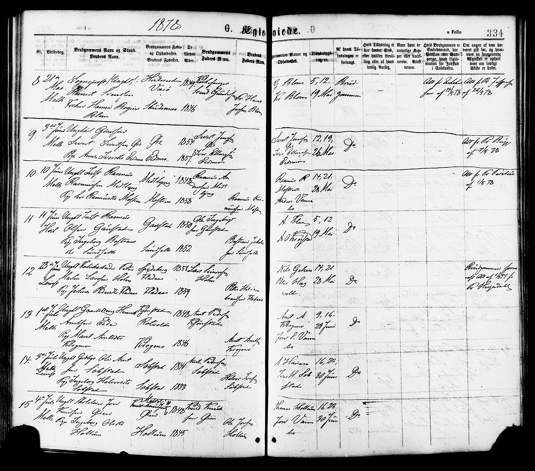 Ministerialprotokoller, klokkerbøker og fødselsregistre - Sør-Trøndelag, SAT/A-1456/691/L1079: Parish register (official) no. 691A11, 1873-1886, p. 334
