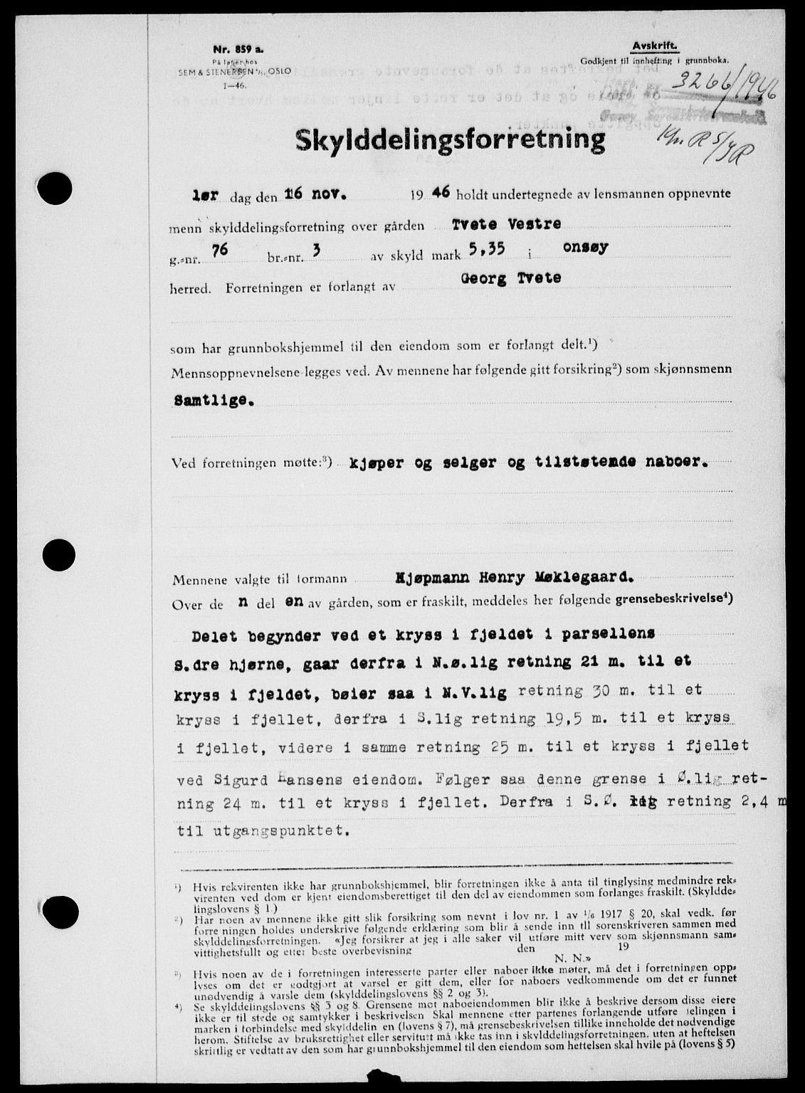 Onsøy sorenskriveri, SAO/A-10474/G/Ga/Gab/L0018: Mortgage book no. II A-18, 1946-1947, Diary no: : 3266/1946