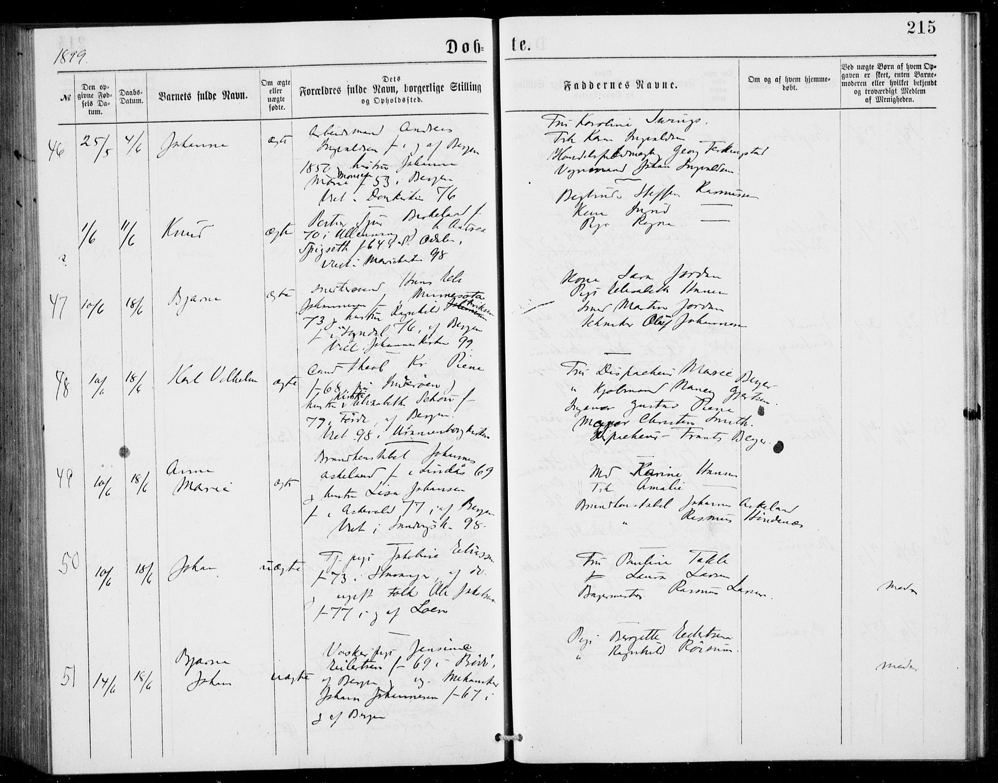 Fødselsstiftelsens sokneprestembete, ført av overlegen*, SAB/-: Parish register (official) no. A 2, 1884-1900, p. 215