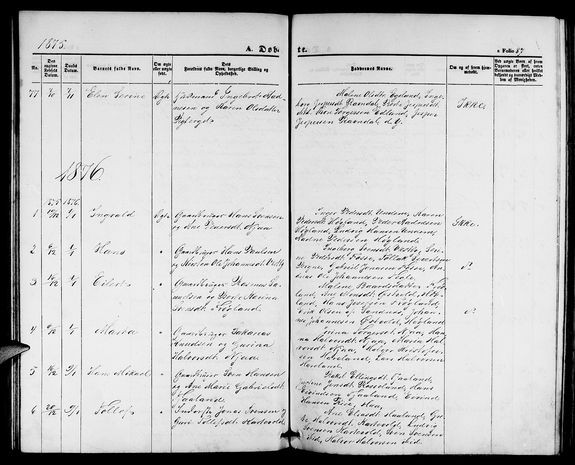 Lye sokneprestkontor, AV/SAST-A-101794/001/30BB/L0004: Parish register (copy) no. B 4, 1868-1878, p. 87