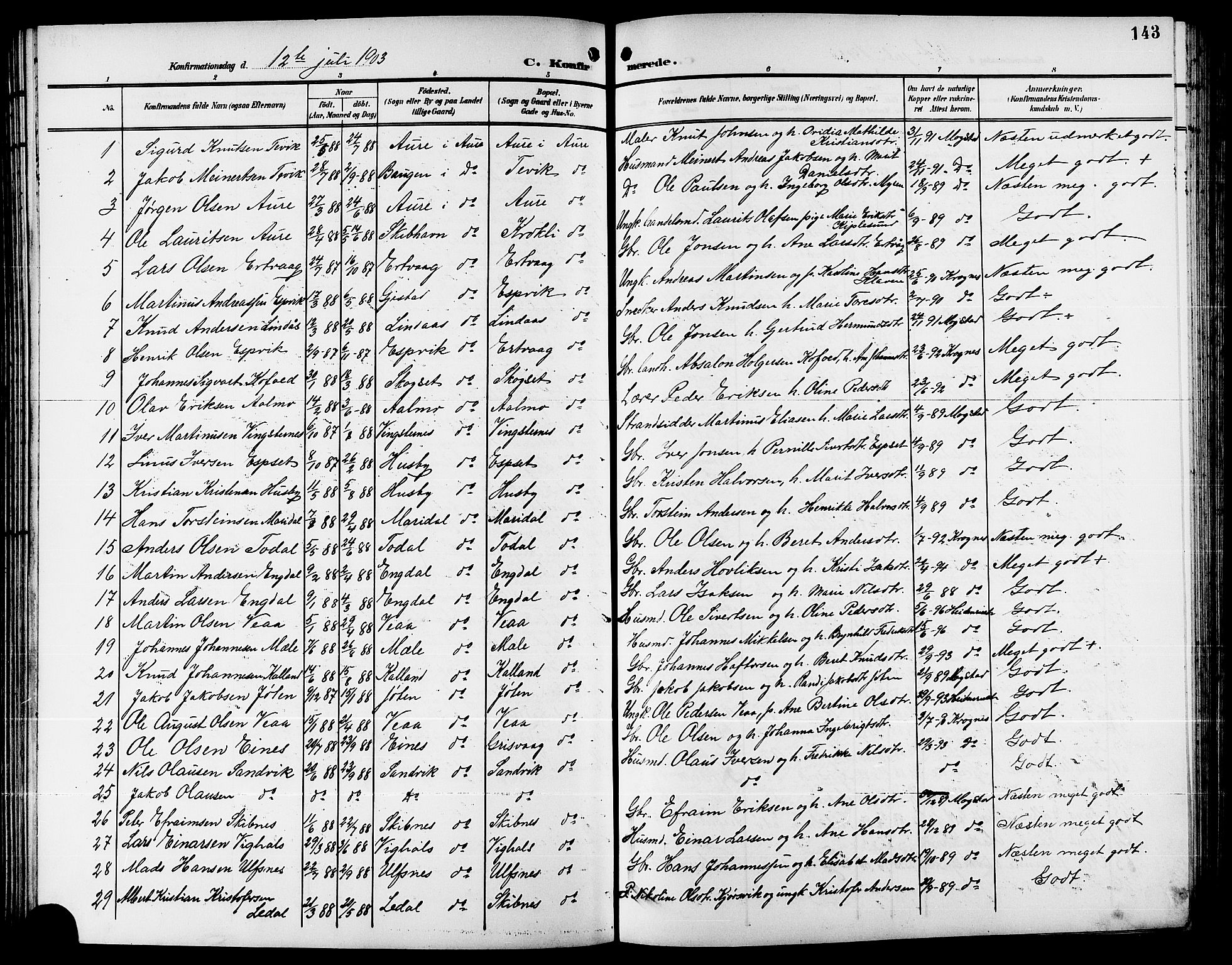 Ministerialprotokoller, klokkerbøker og fødselsregistre - Møre og Romsdal, SAT/A-1454/578/L0910: Parish register (copy) no. 578C03, 1900-1921, p. 143