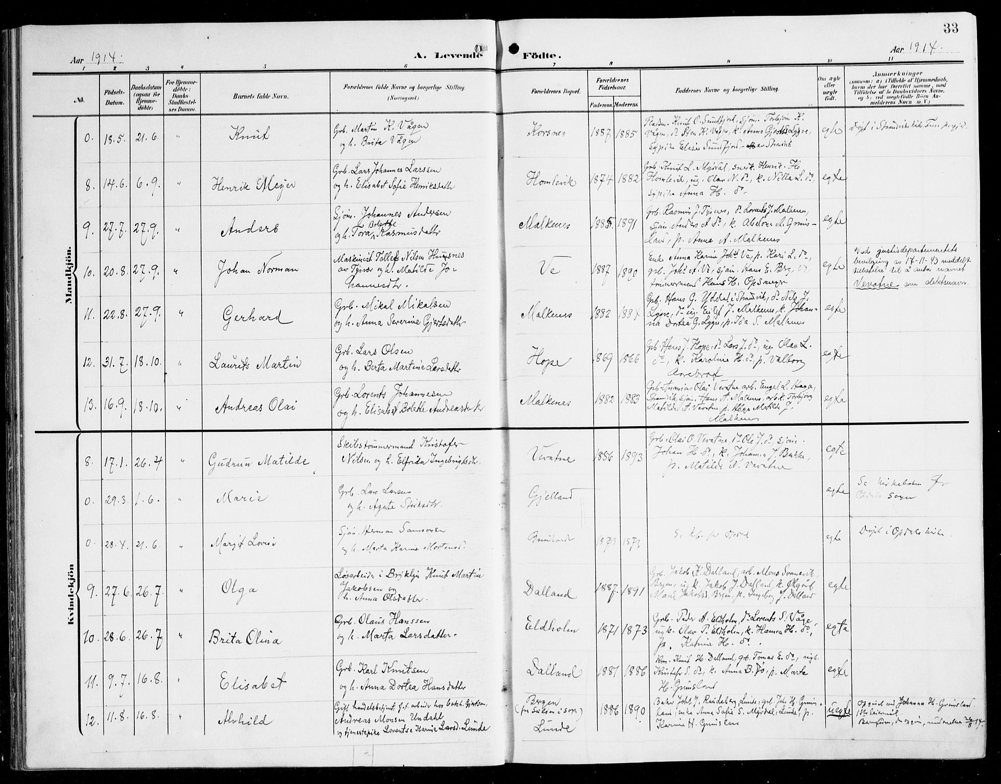 Tysnes sokneprestembete, AV/SAB-A-78601/H/Haa: Parish register (official) no. B 2, 1907-1925, p. 33