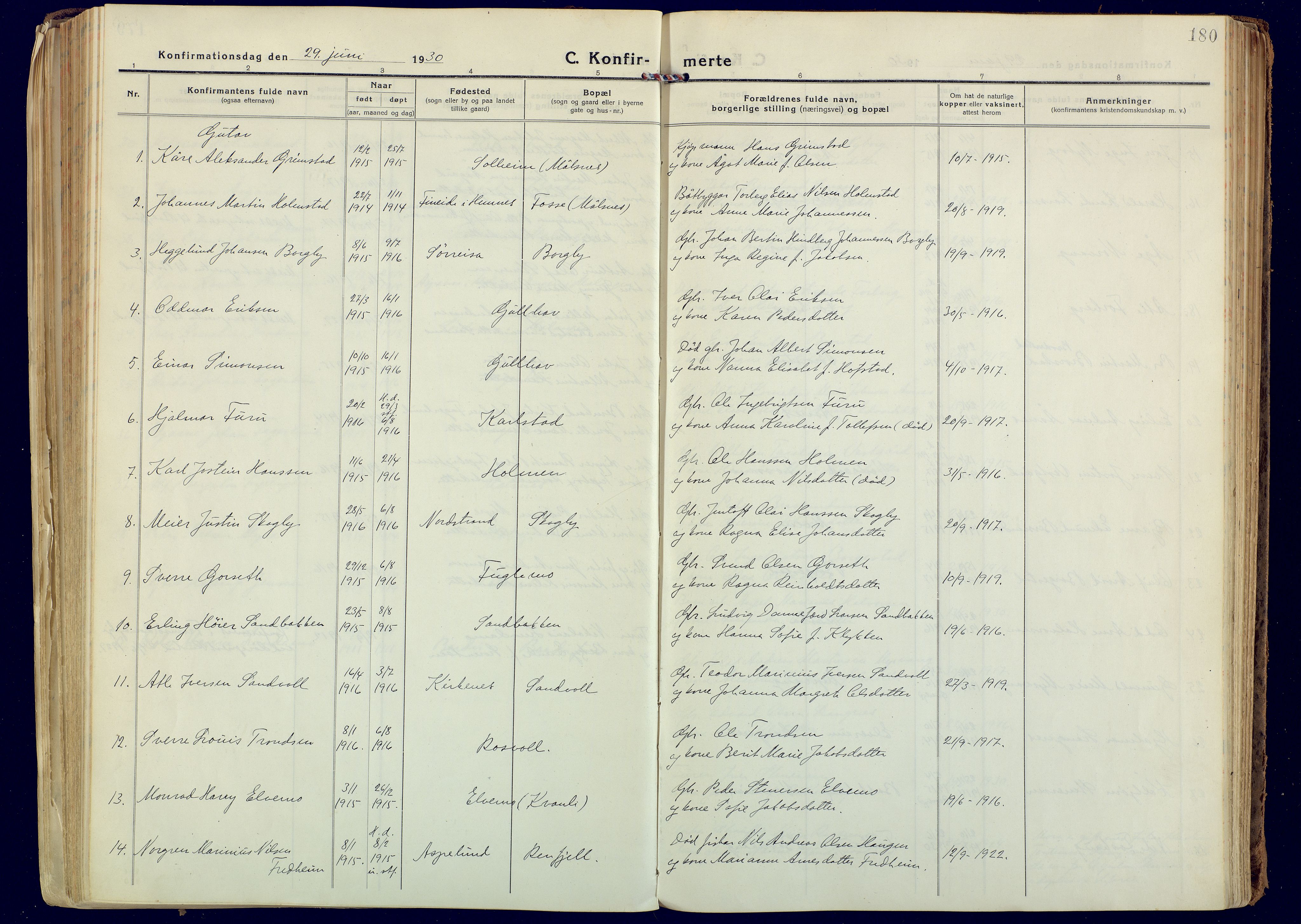 Målselv sokneprestembete, SATØ/S-1311/G/Ga/Gaa/L0014kirke: Parish register (official) no. 14, 1919-1932, p. 180