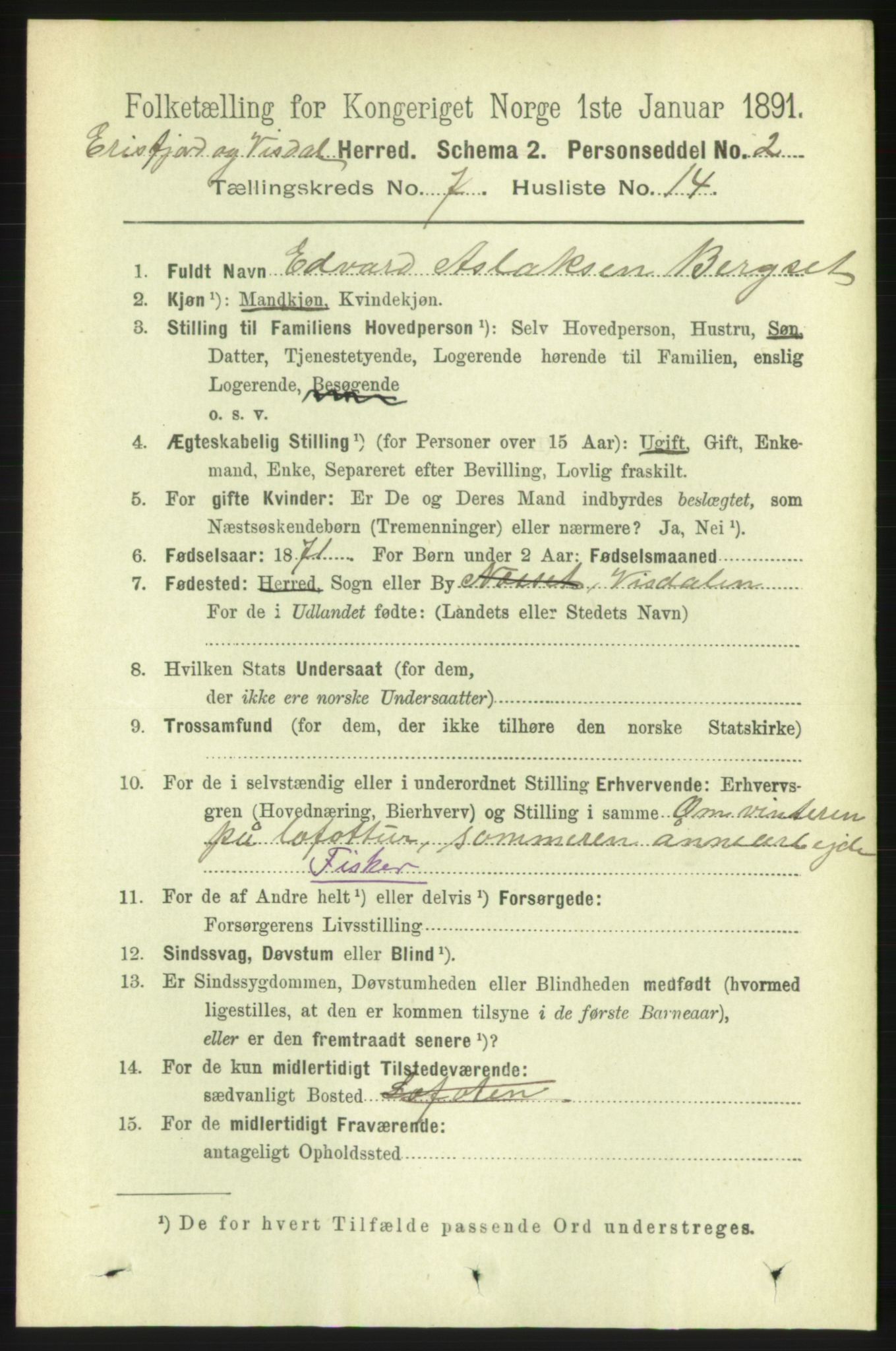 RA, 1891 census for 1542 Eresfjord og Vistdal, 1891, p. 2046