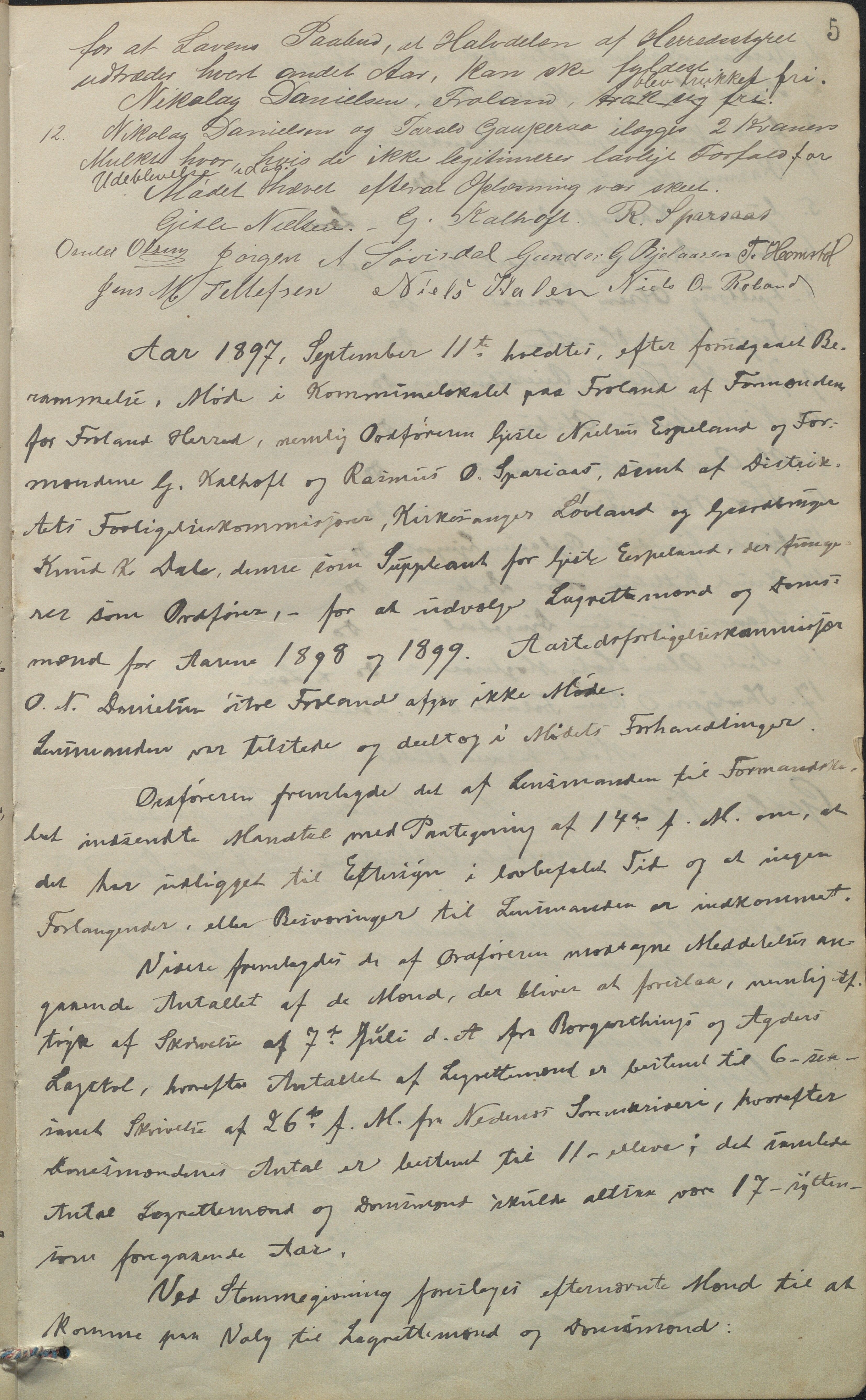 Froland kommune, Formannskap og Kommunestyre, AAKS/KA0919-120/A_1/L0004: Forhandlingsprotokoll , 1897-1914, p. 5