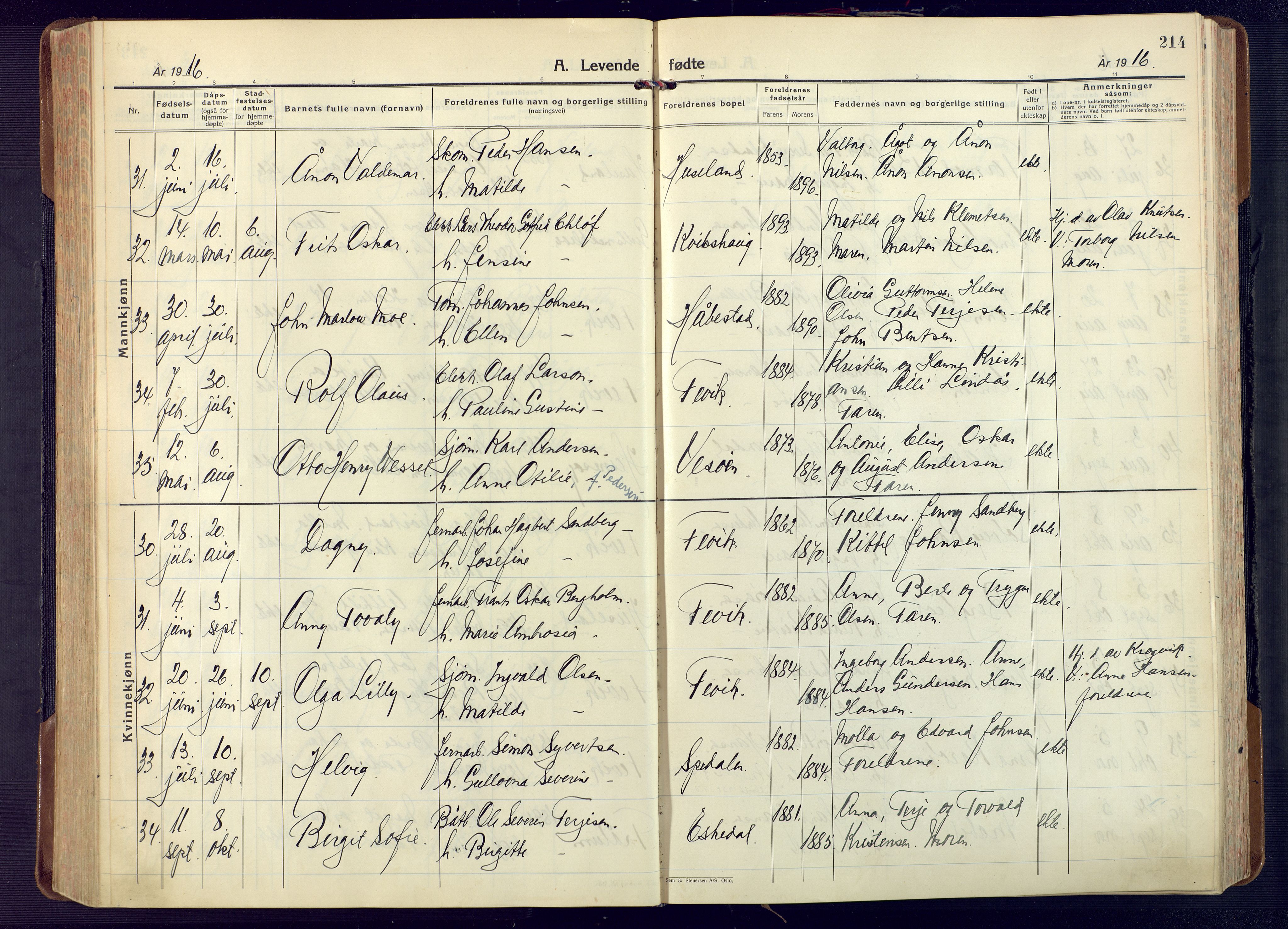 Fjære sokneprestkontor, AV/SAK-1111-0011/F/Fa/L0004: Parish register (official) no. A 4, 1902-1925, p. 214