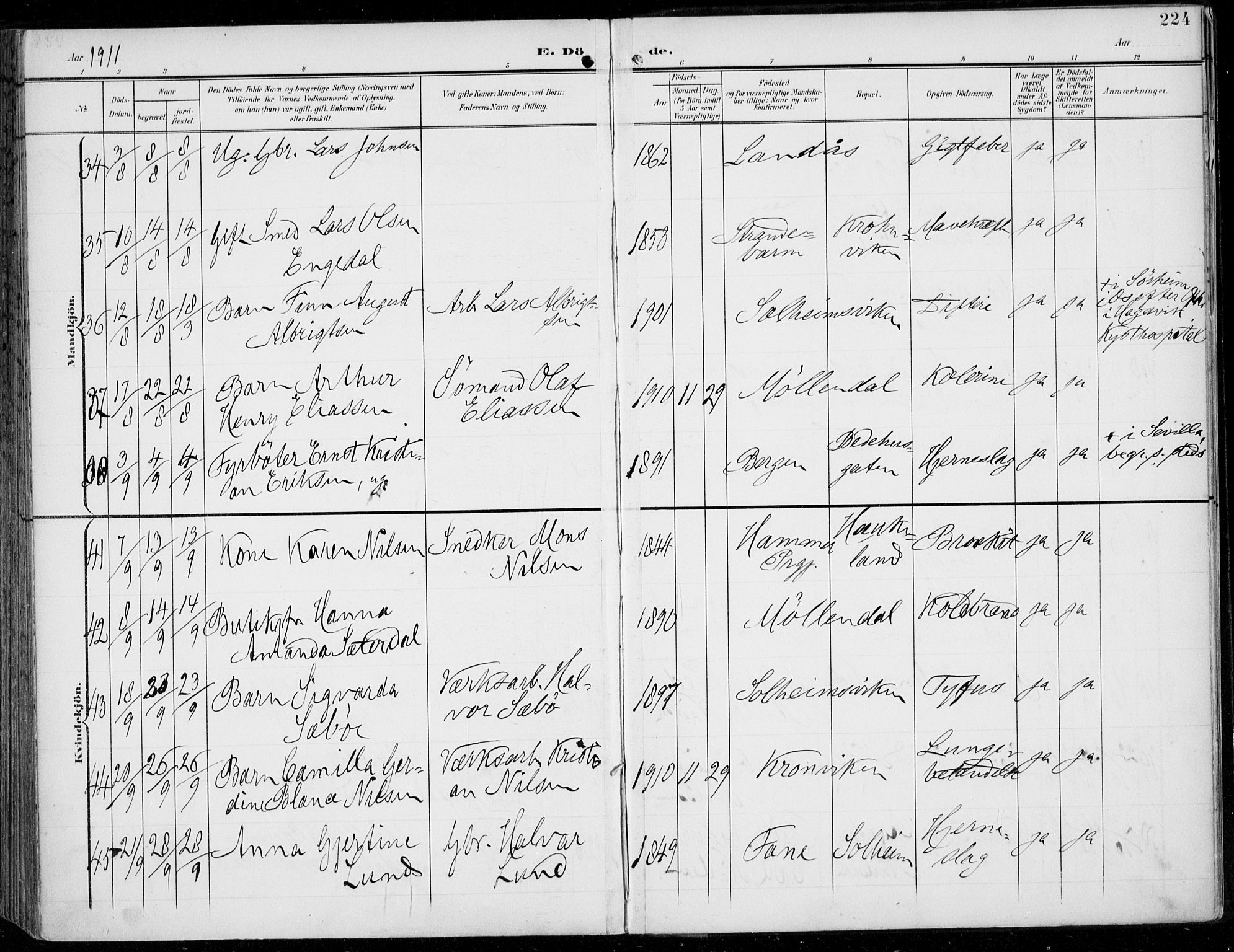 Årstad Sokneprestembete, AV/SAB-A-79301/H/Haa/L0009: Parish register (official) no. C 1, 1902-1918, p. 224