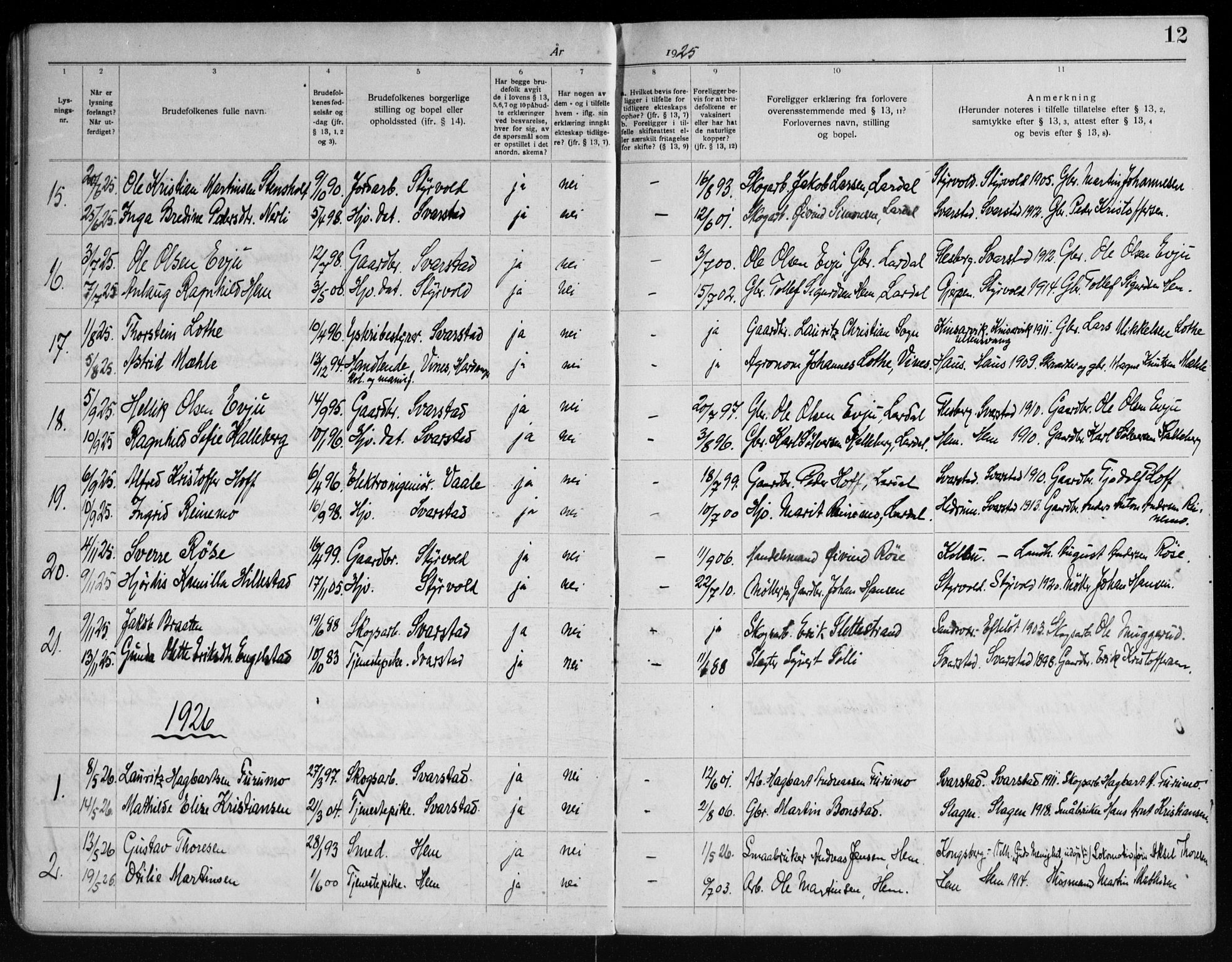 Lardal kirkebøker, AV/SAKO-A-350/H/Ha/L0001: Banns register no. 1, 1919-1965, p. 12