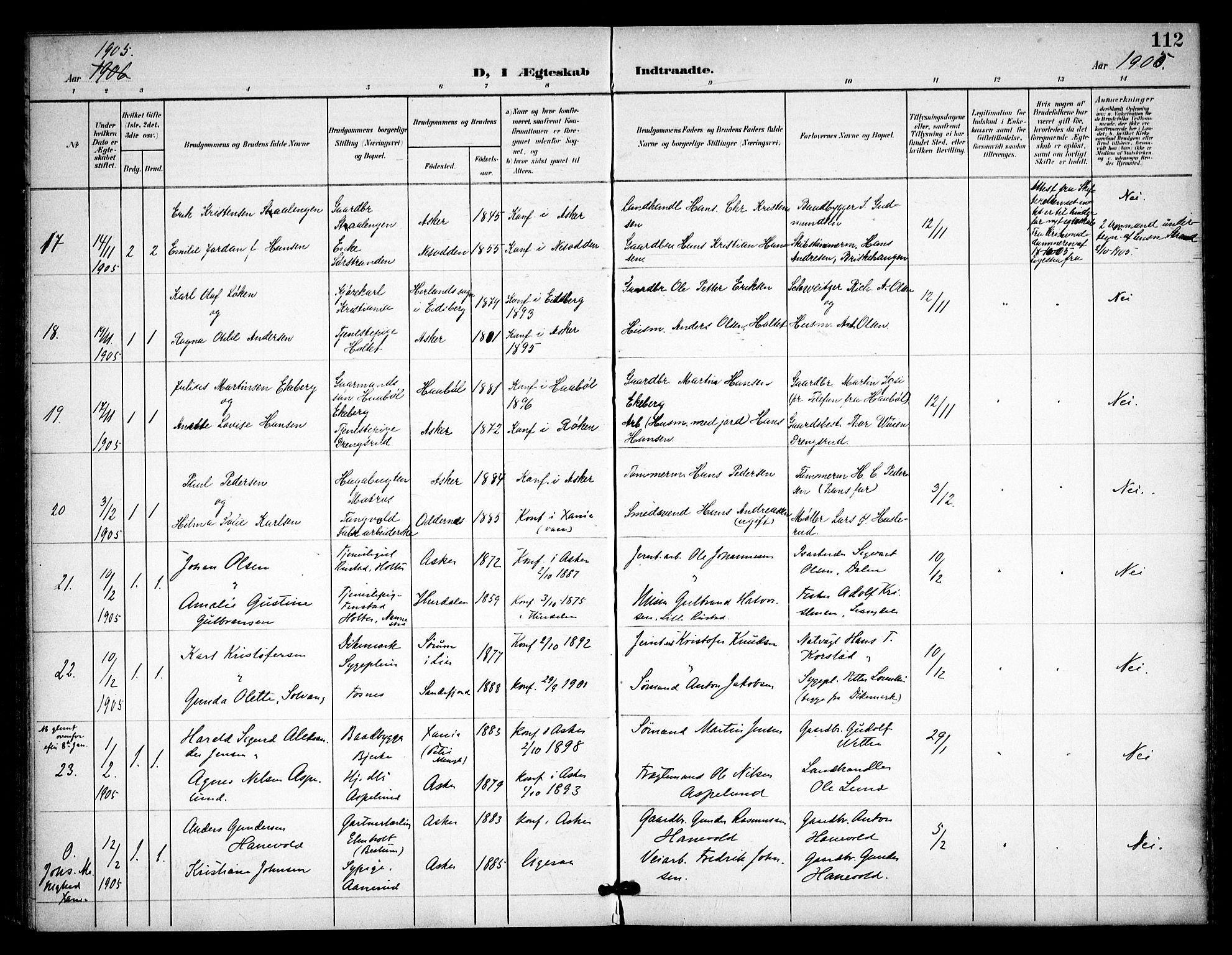 Asker prestekontor Kirkebøker, SAO/A-10256a/F/Fa/L0016: Parish register (official) no. I 16, 1900-1917, p. 112