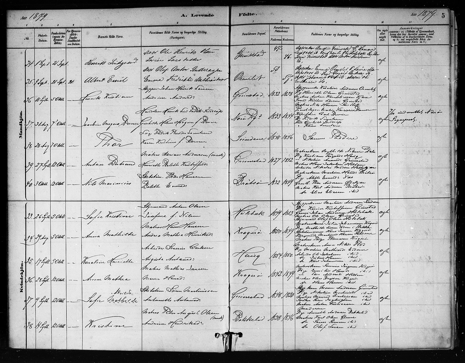 Tjøme kirkebøker, SAKO/A-328/F/Fa/L0001: Parish register (official) no. 1, 1879-1890, p. 5