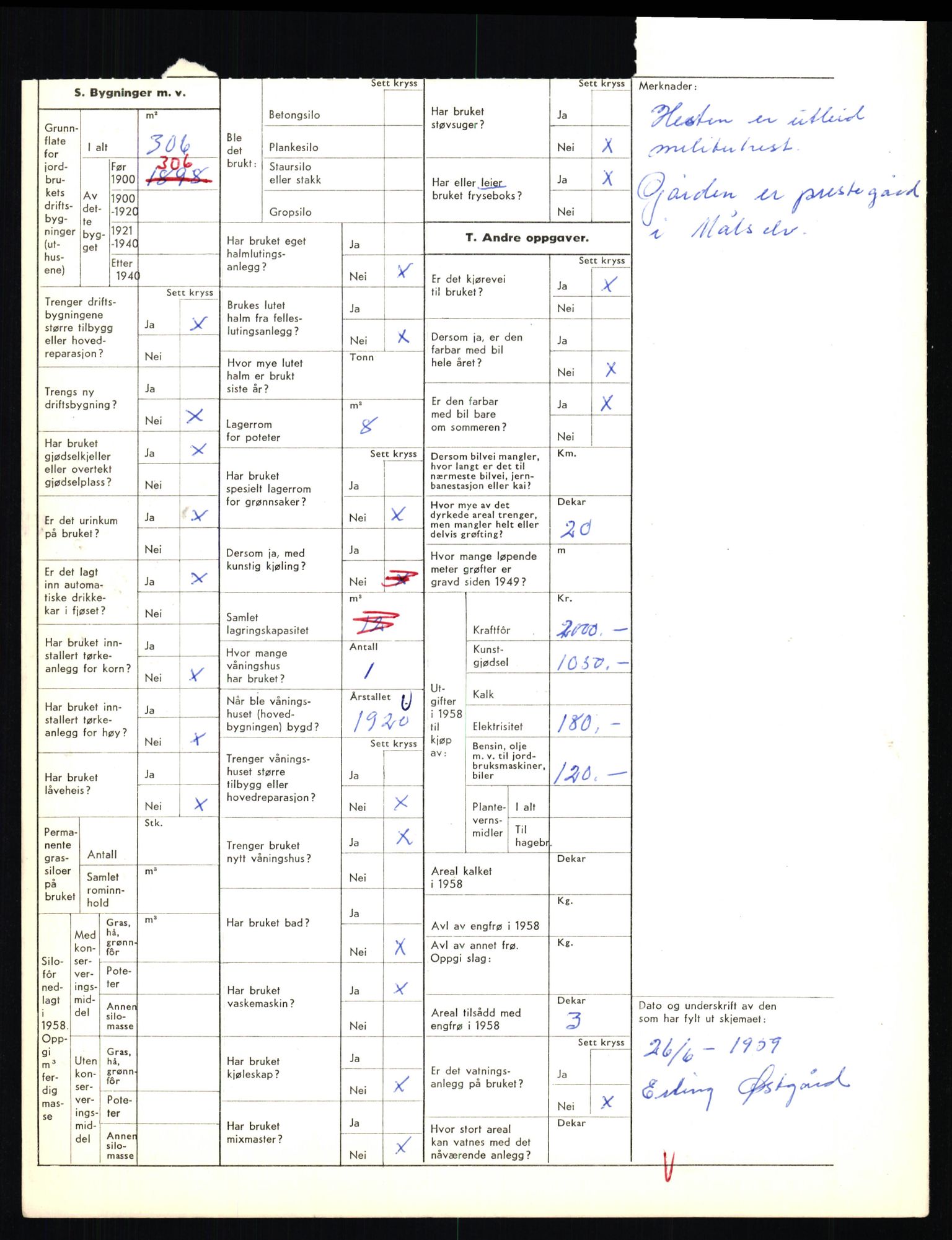 Statistisk sentralbyrå, Næringsøkonomiske emner, Jordbruk, skogbruk, jakt, fiske og fangst, AV/RA-S-2234/G/Gd/L0655: Troms: 1924 Målselv (kl. 4-10), 1959, p. 2198