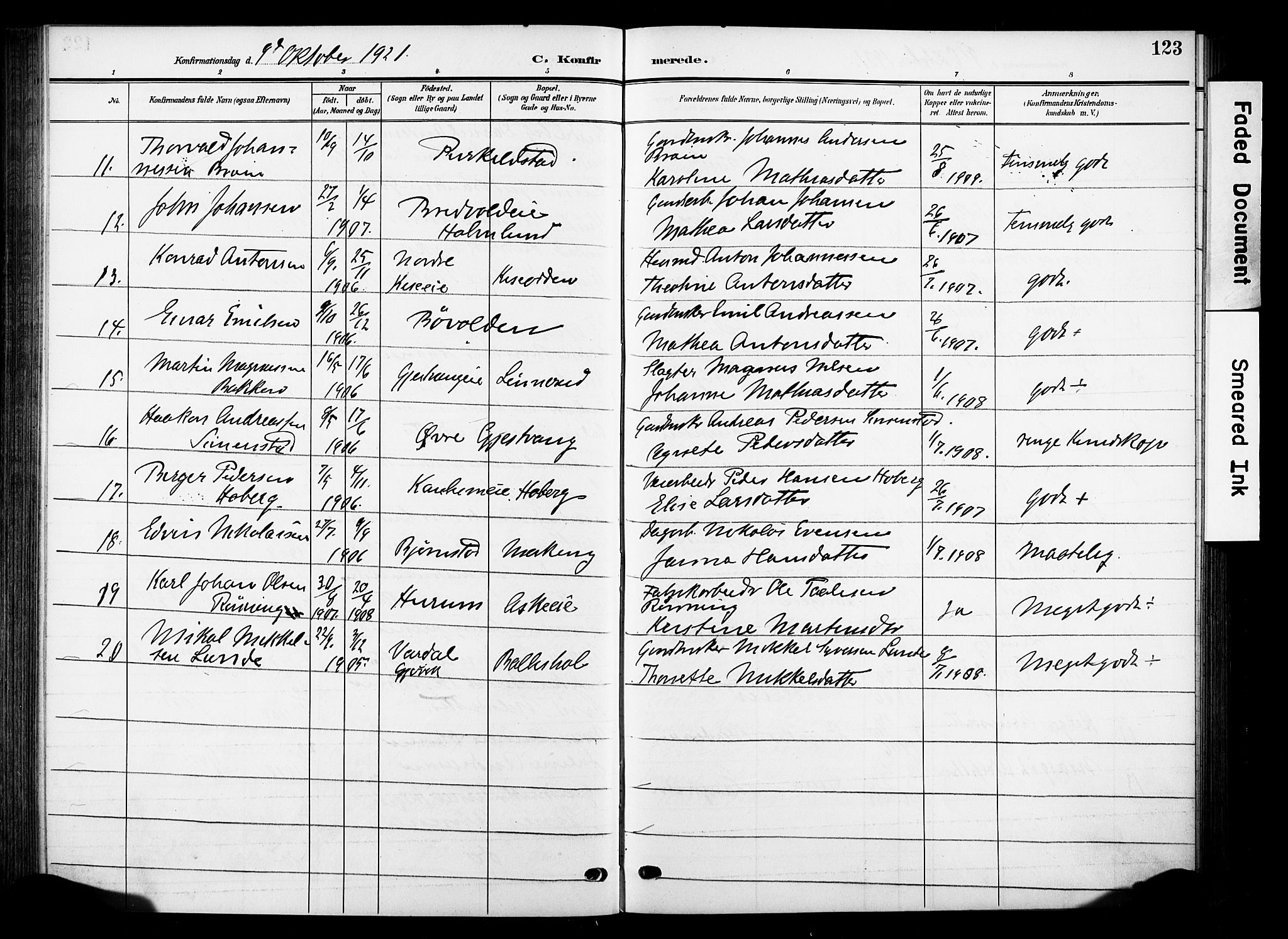 Nes prestekontor, Hedmark, SAH/PREST-020/K/Ka/L0013: Parish register (official) no. 13, 1906-1924, p. 123