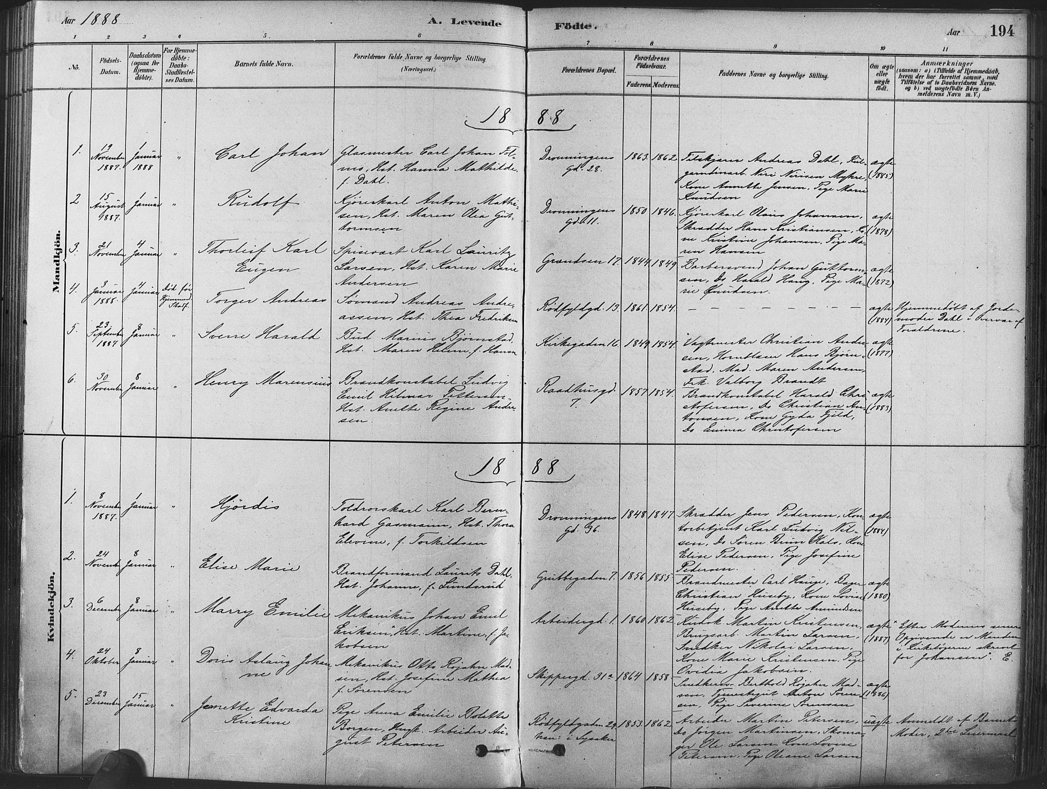 Oslo domkirke Kirkebøker, SAO/A-10752/F/Fa/L0029: Parish register (official) no. 29, 1879-1892, p. 194