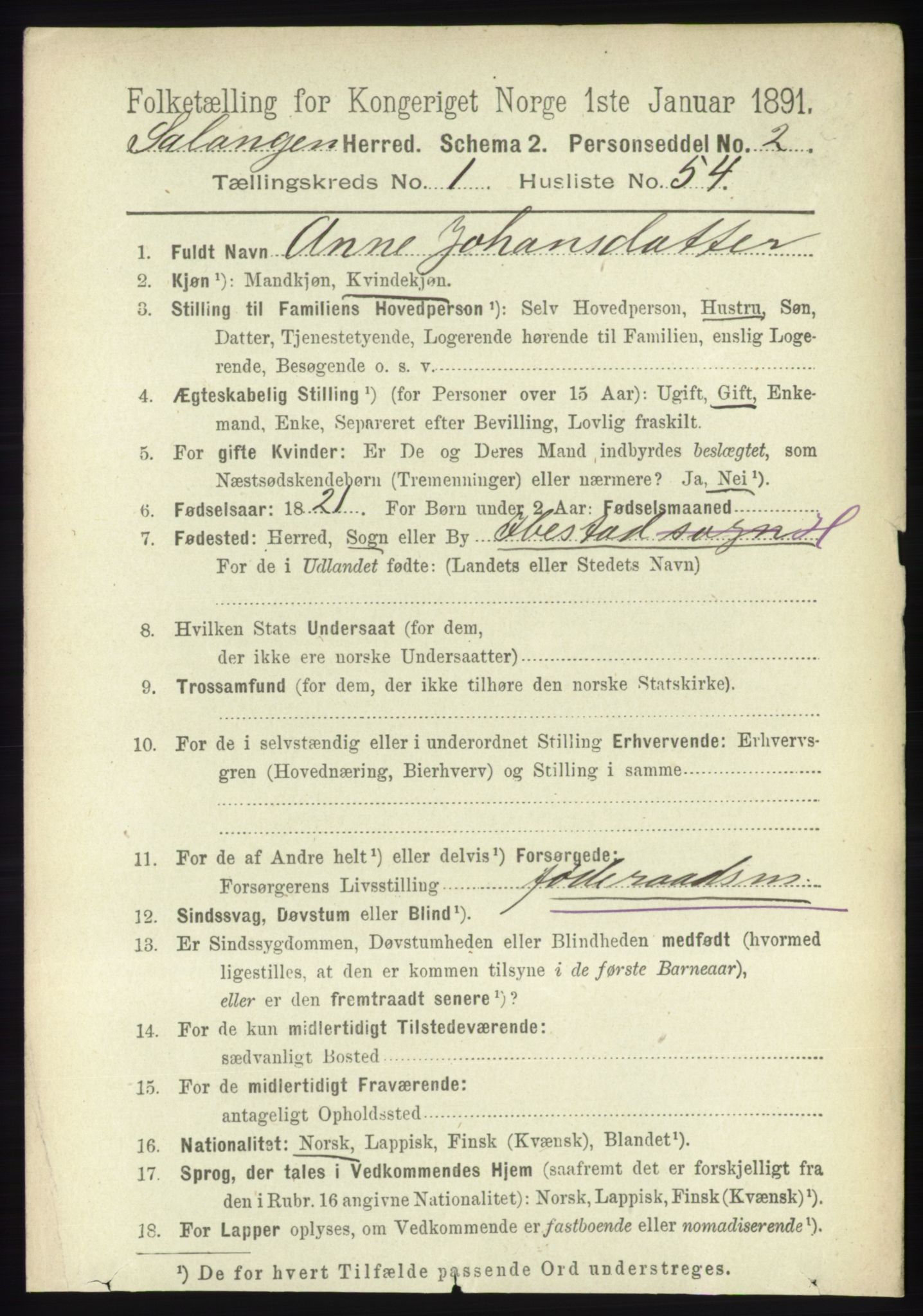 RA, 1891 census for 1921 Salangen, 1891, p. 460