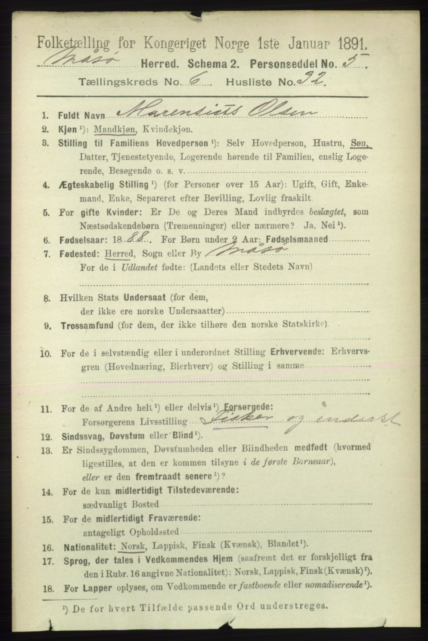 RA, 1891 census for 2018 Måsøy, 1891, p. 1313