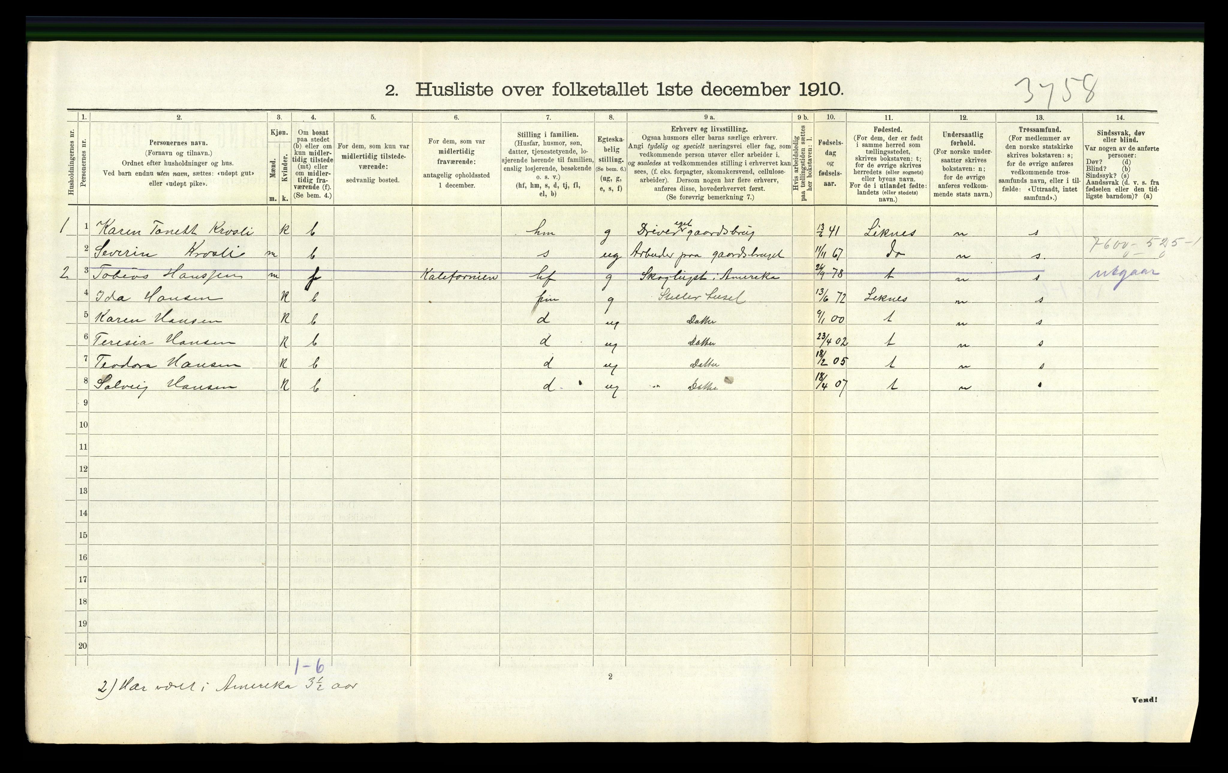 RA, 1910 census for Nes, 1910, p. 498