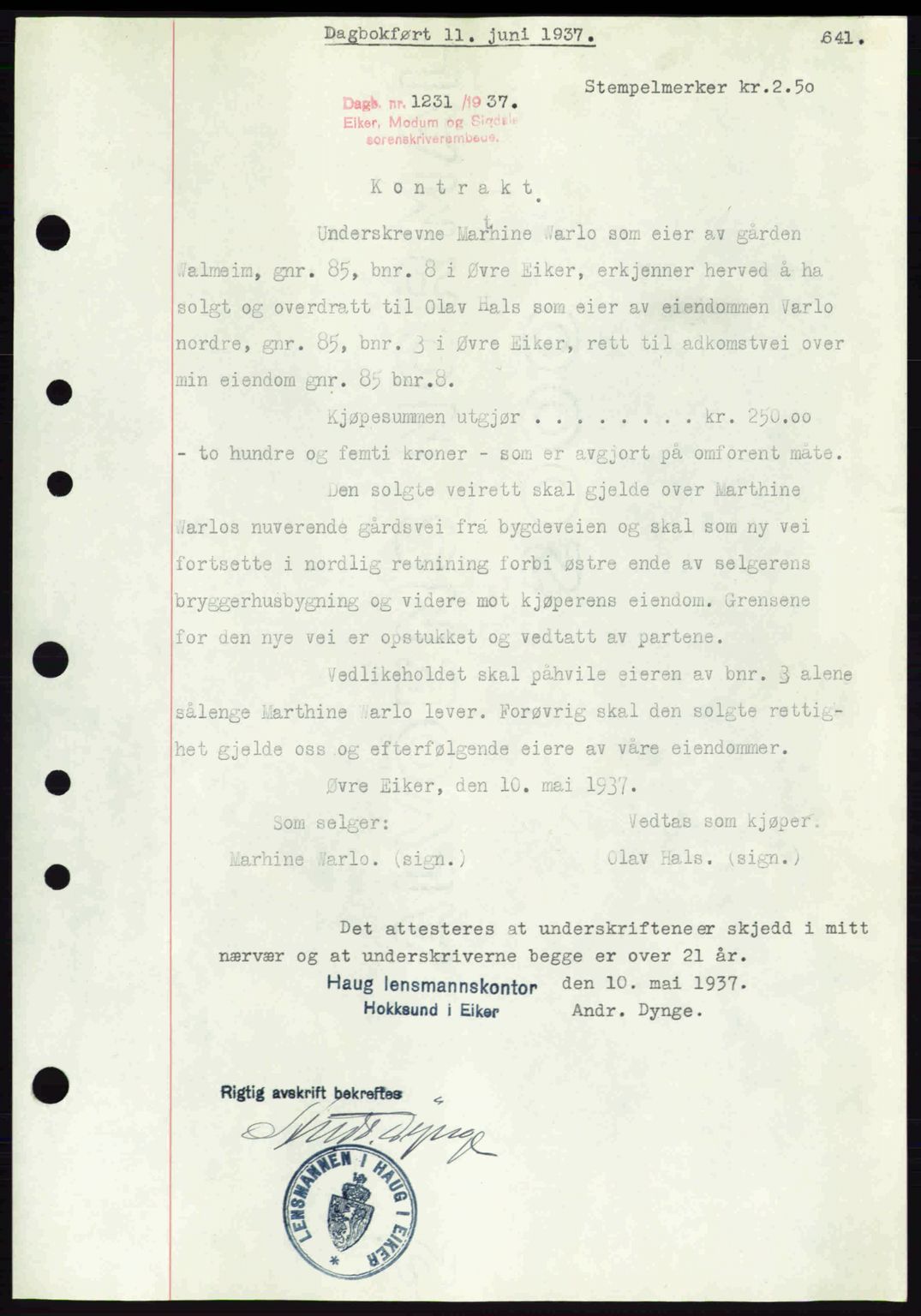 Eiker, Modum og Sigdal sorenskriveri, SAKO/A-123/G/Ga/Gab/L0035: Mortgage book no. A5, 1937-1937, Diary no: : 1231/1937