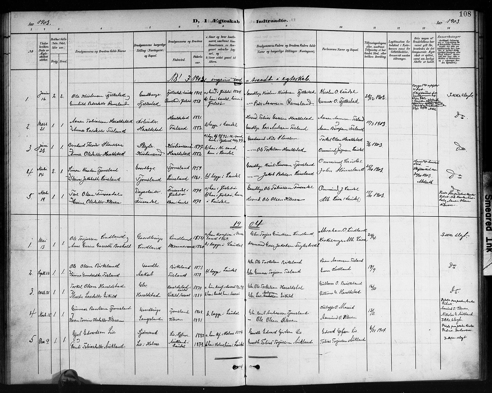 Holum sokneprestkontor, SAK/1111-0022/F/Fb/Fbb/L0004: Parish register (copy) no. B 4, 1899-1920, p. 108