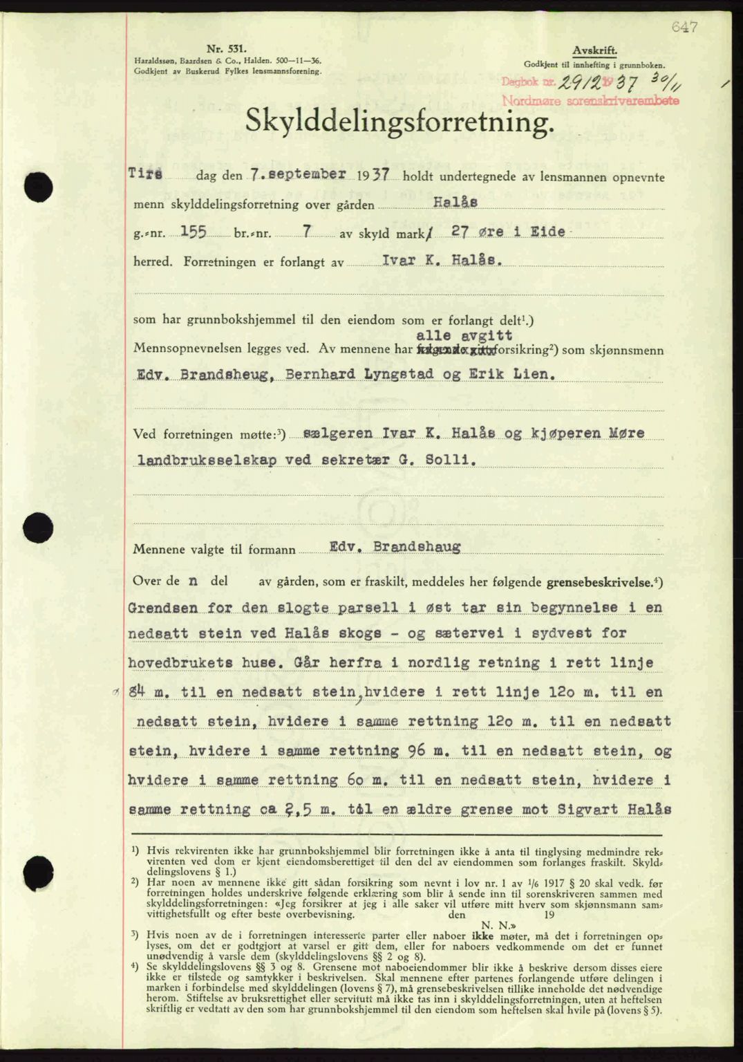Nordmøre sorenskriveri, SAT/A-4132/1/2/2Ca: Mortgage book no. A82, 1937-1938, Diary no: : 2912/1937