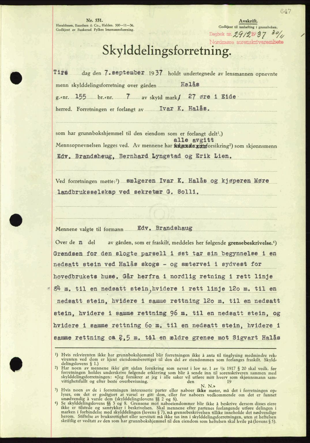 Nordmøre sorenskriveri, AV/SAT-A-4132/1/2/2Ca: Mortgage book no. A82, 1937-1938, Diary no: : 2912/1937