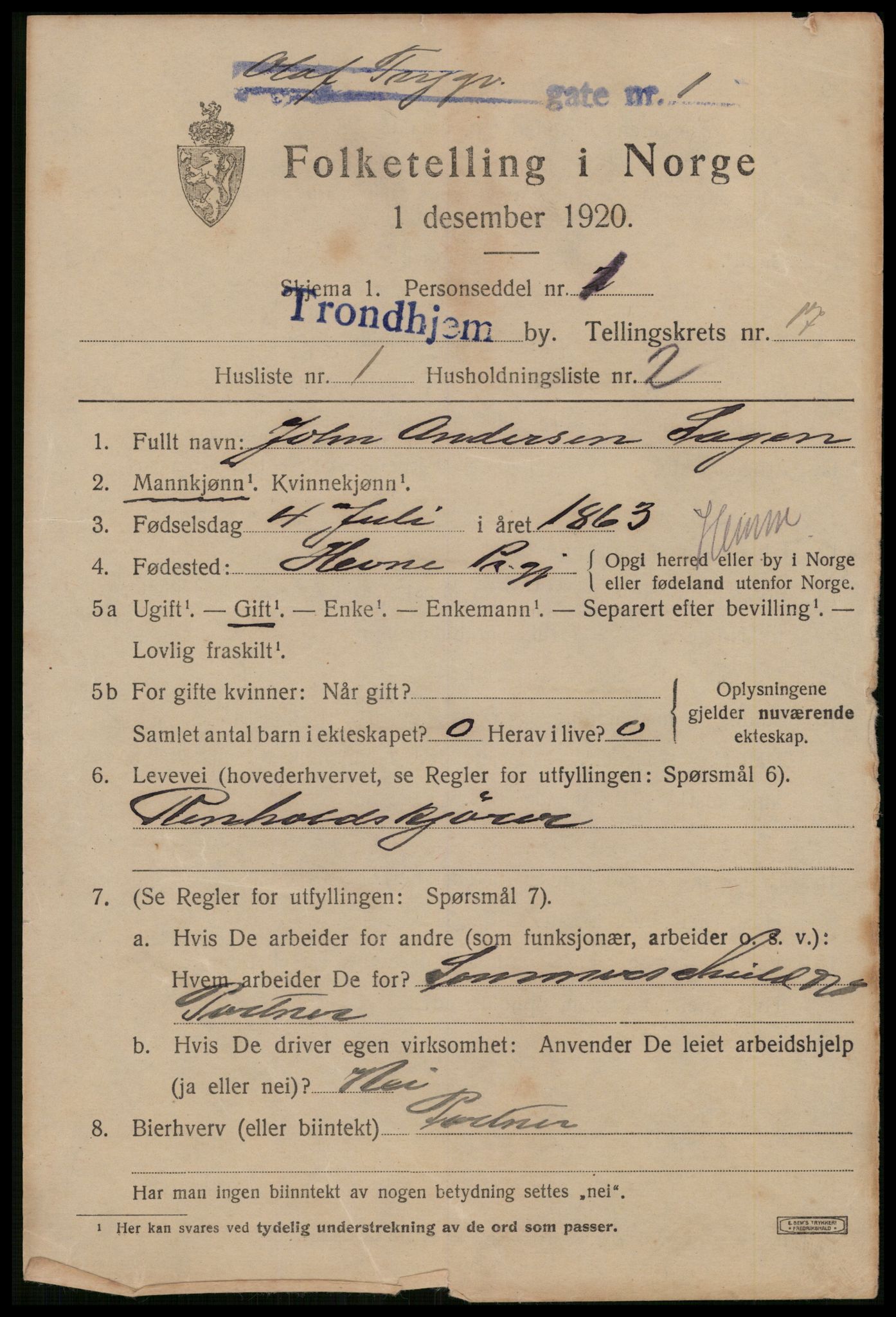 SAT, 1920 census for Trondheim, 1920, p. 55390