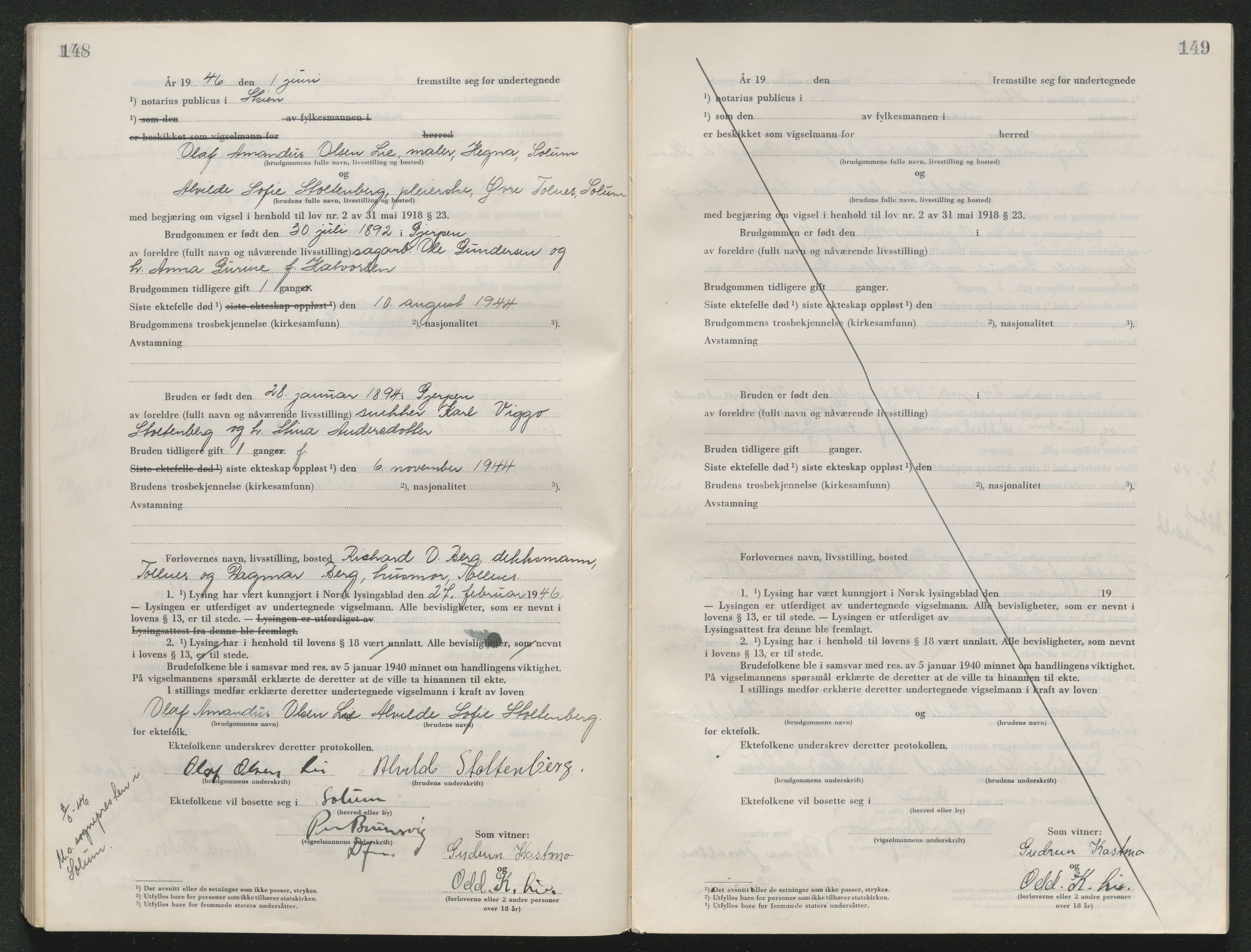 Skien sorenskriveri, AV/SAKO-A-225/L/La/L0001: Vigselsprotokoll, 1920-1947, p. 148-149