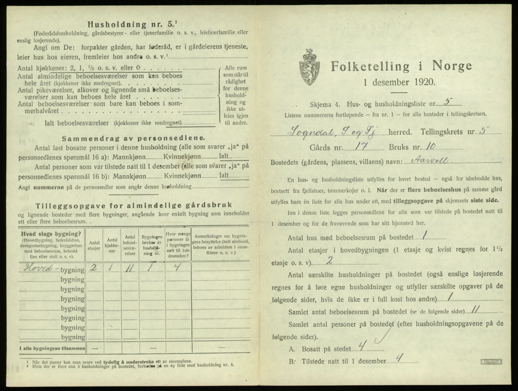 SAB, 1920 census for Sogndal, 1920, p. 275