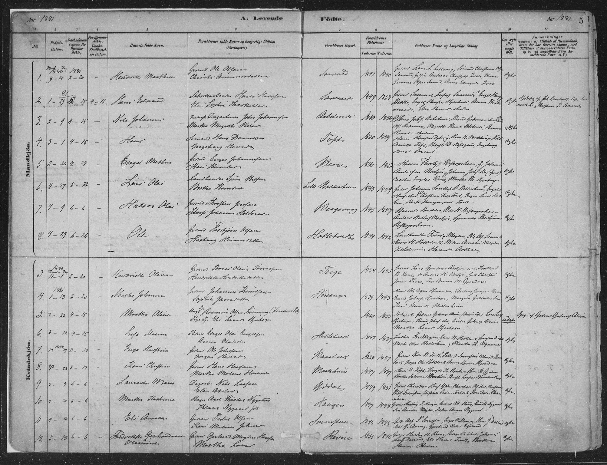 Fusa sokneprestembete, AV/SAB-A-75401/H/Haa: Parish register (official) no. D 1, 1880-1938, p. 5