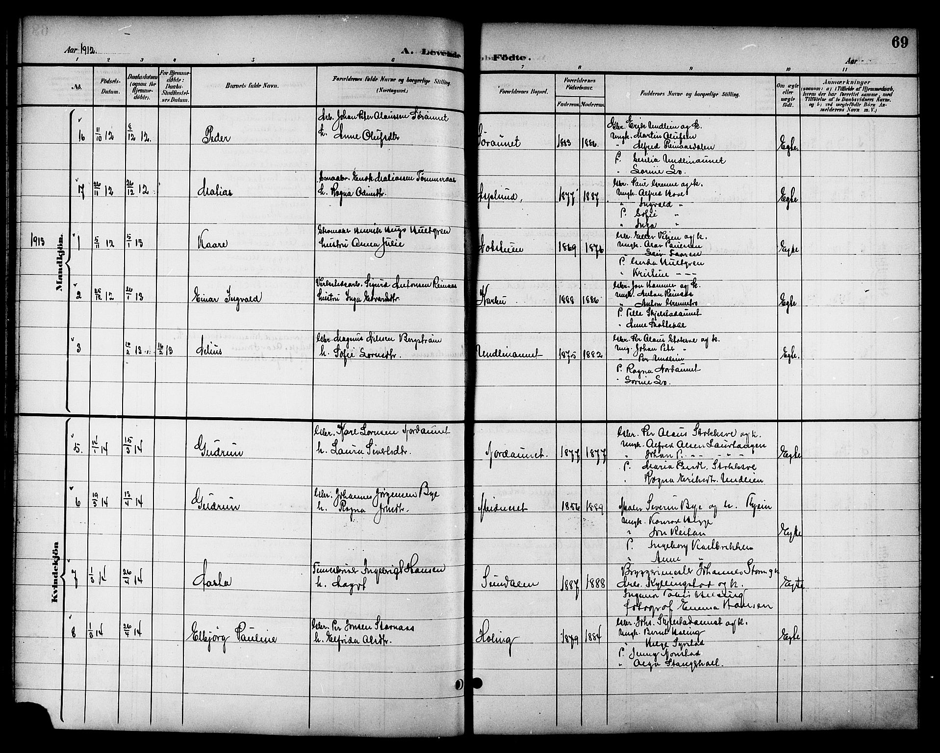 Ministerialprotokoller, klokkerbøker og fødselsregistre - Nord-Trøndelag, SAT/A-1458/714/L0135: Parish register (copy) no. 714C04, 1899-1918, p. 69